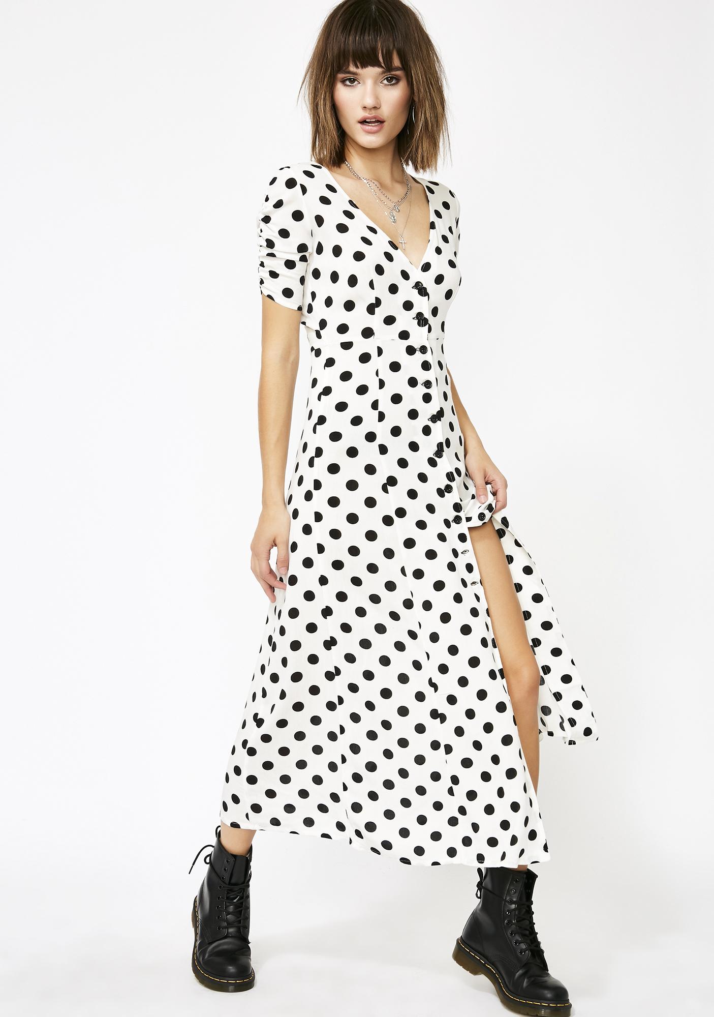 white and black polka dot maxi dress
