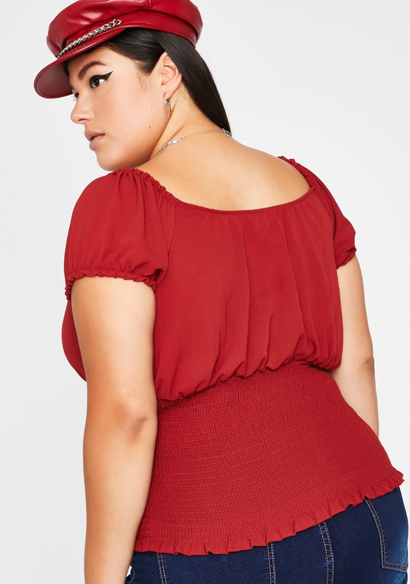 Plus Size Tie Front Smocked Bodice Top Red Dolls Kill