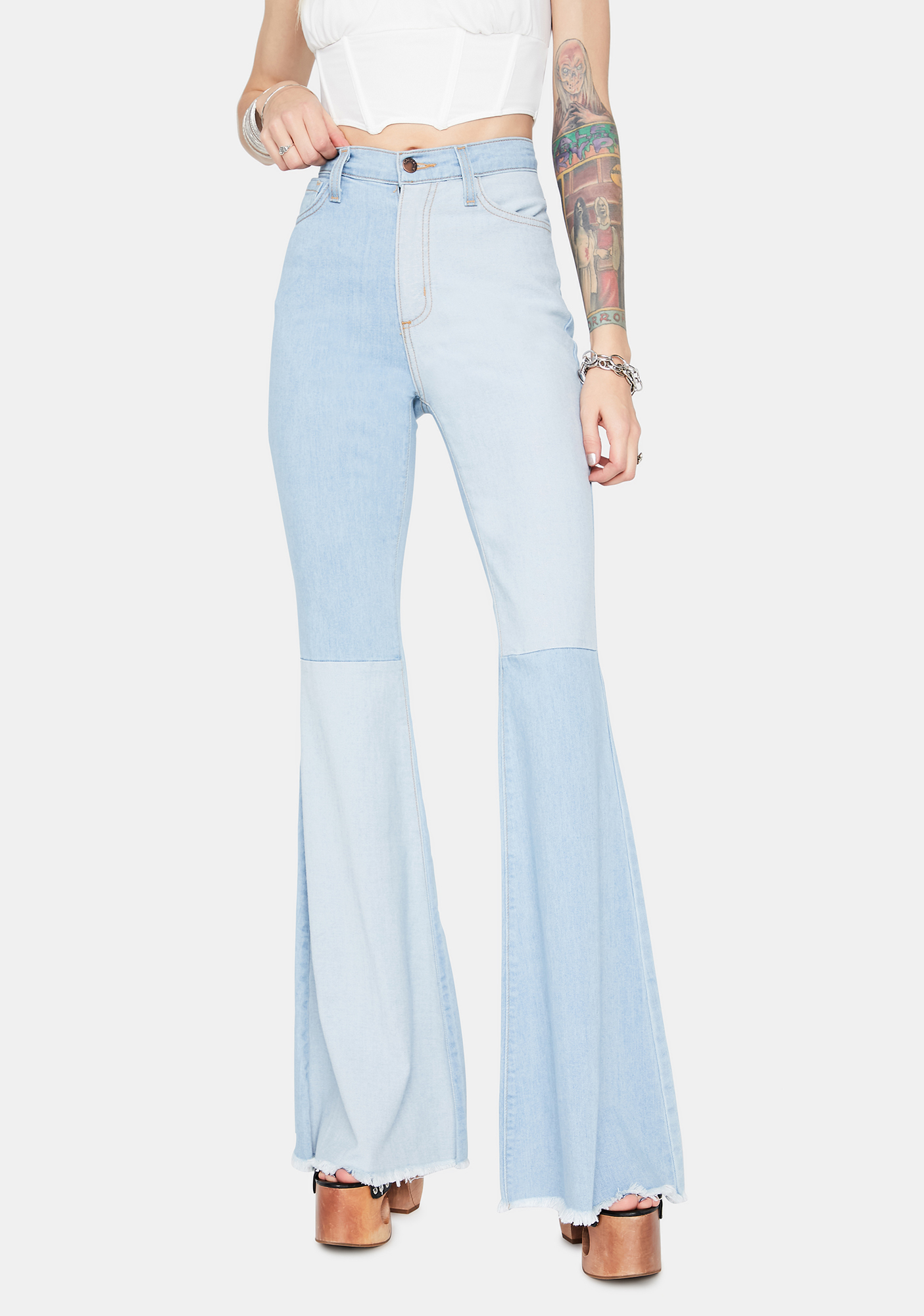 Colorblock High Waisted Flare Jeans Light Blue Dolls Kill