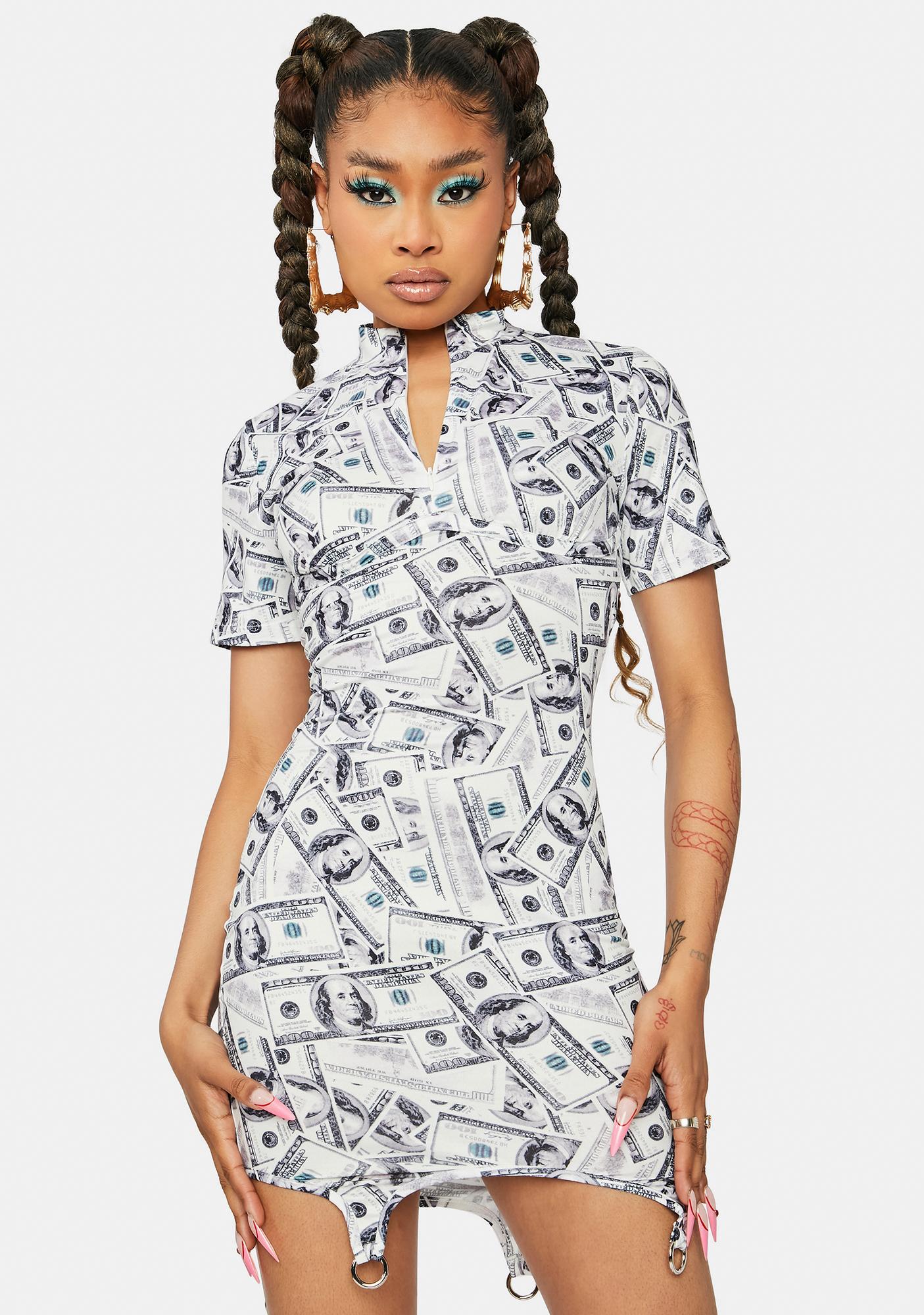 Money Print Mock Neck Garter Strap Bodycon Dress - White | Dolls Kill