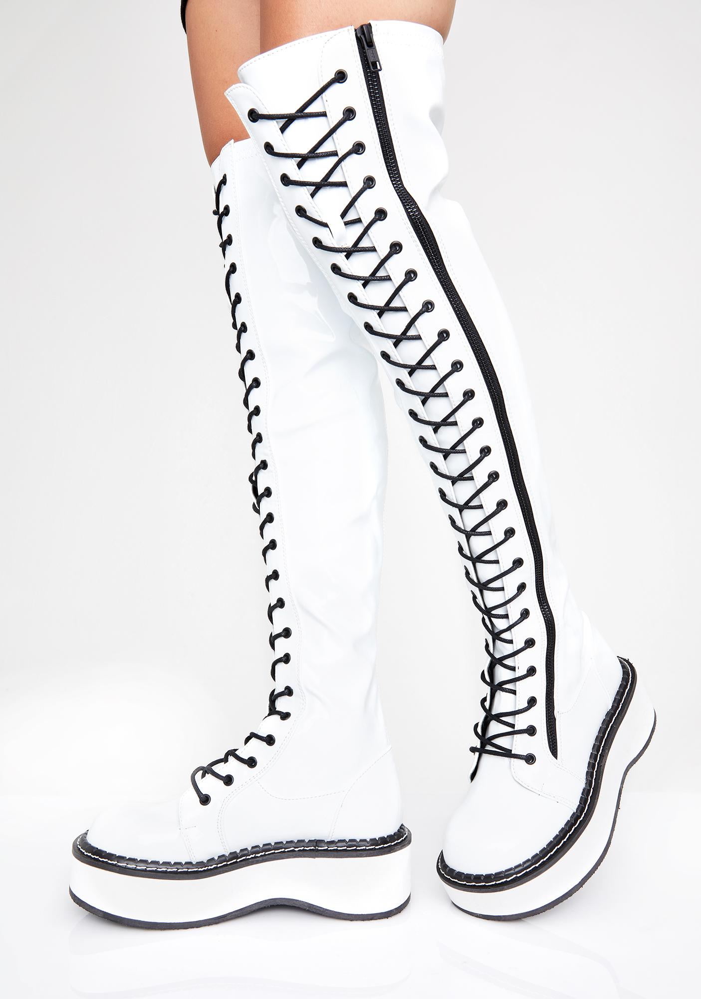 white patent knee high boots