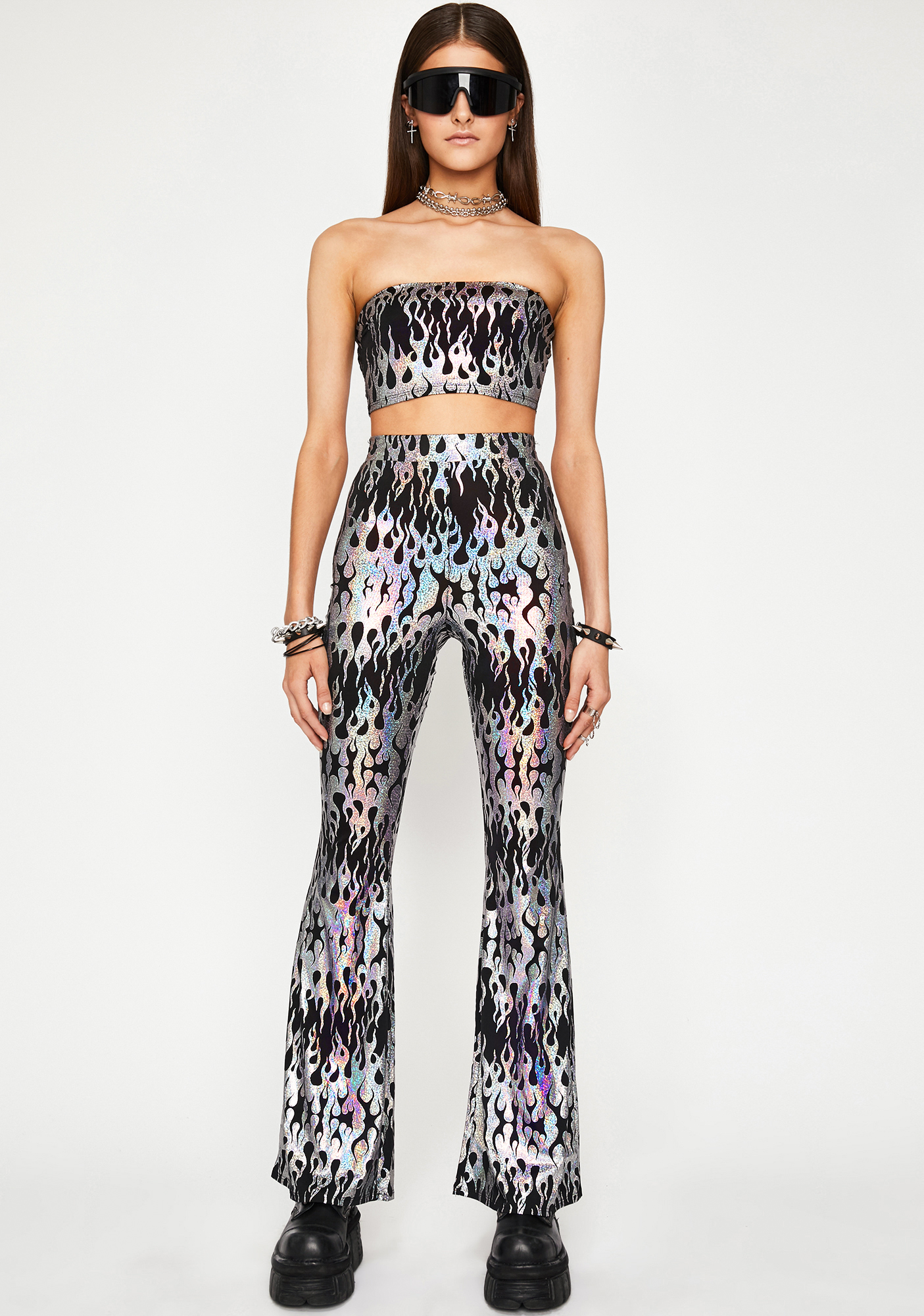 Holographic Flame Tube Top & Flared Pants Set | Dolls Kill