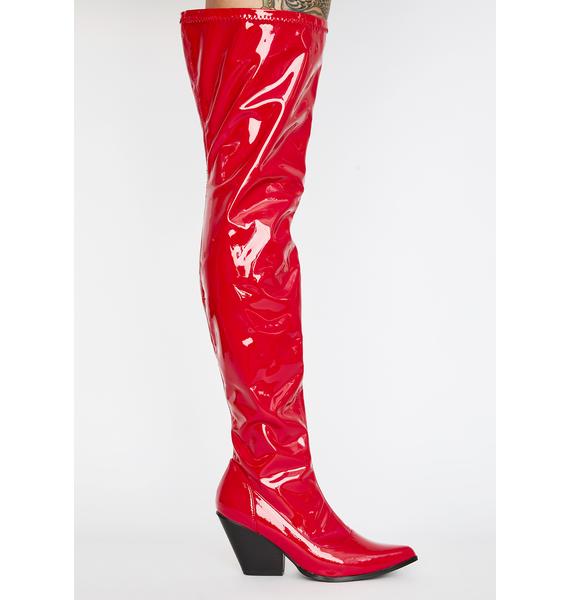 red latex thigh high boots