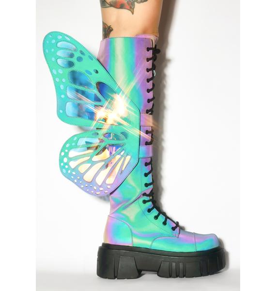 Club Exx Rainbow Reflective Iridescent Butterfly Wing Knee High Combat ...