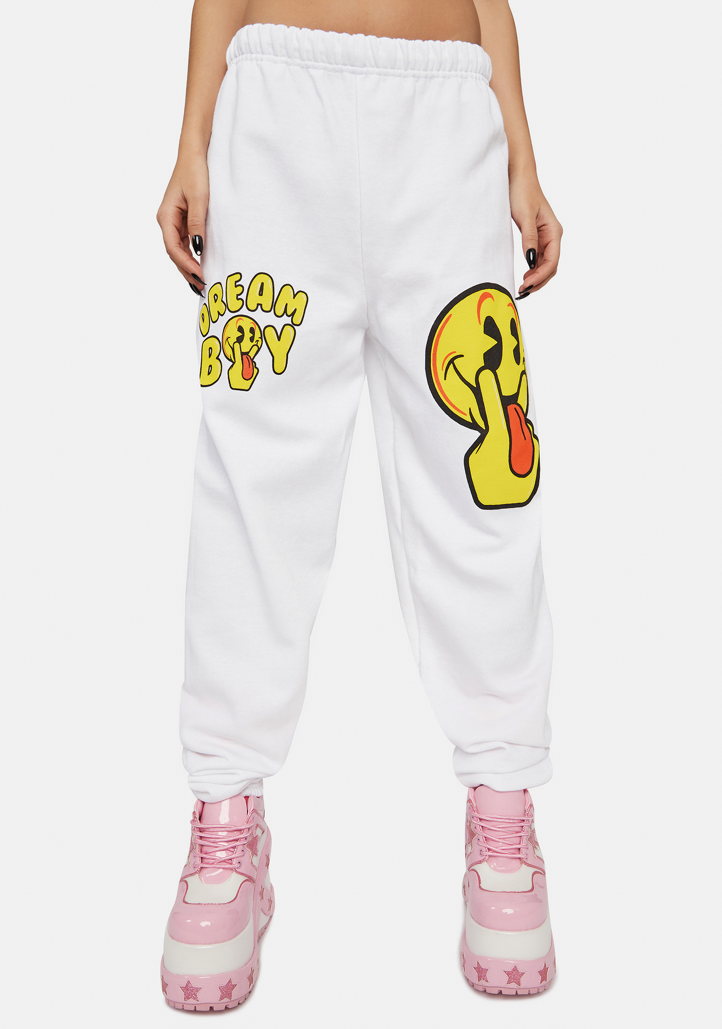 sweatpants with smiley face