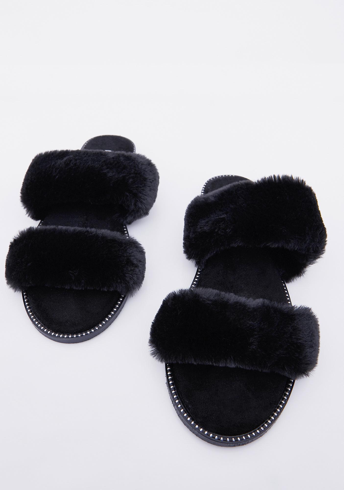 Black Faux Fur Slides | Dolls Kill