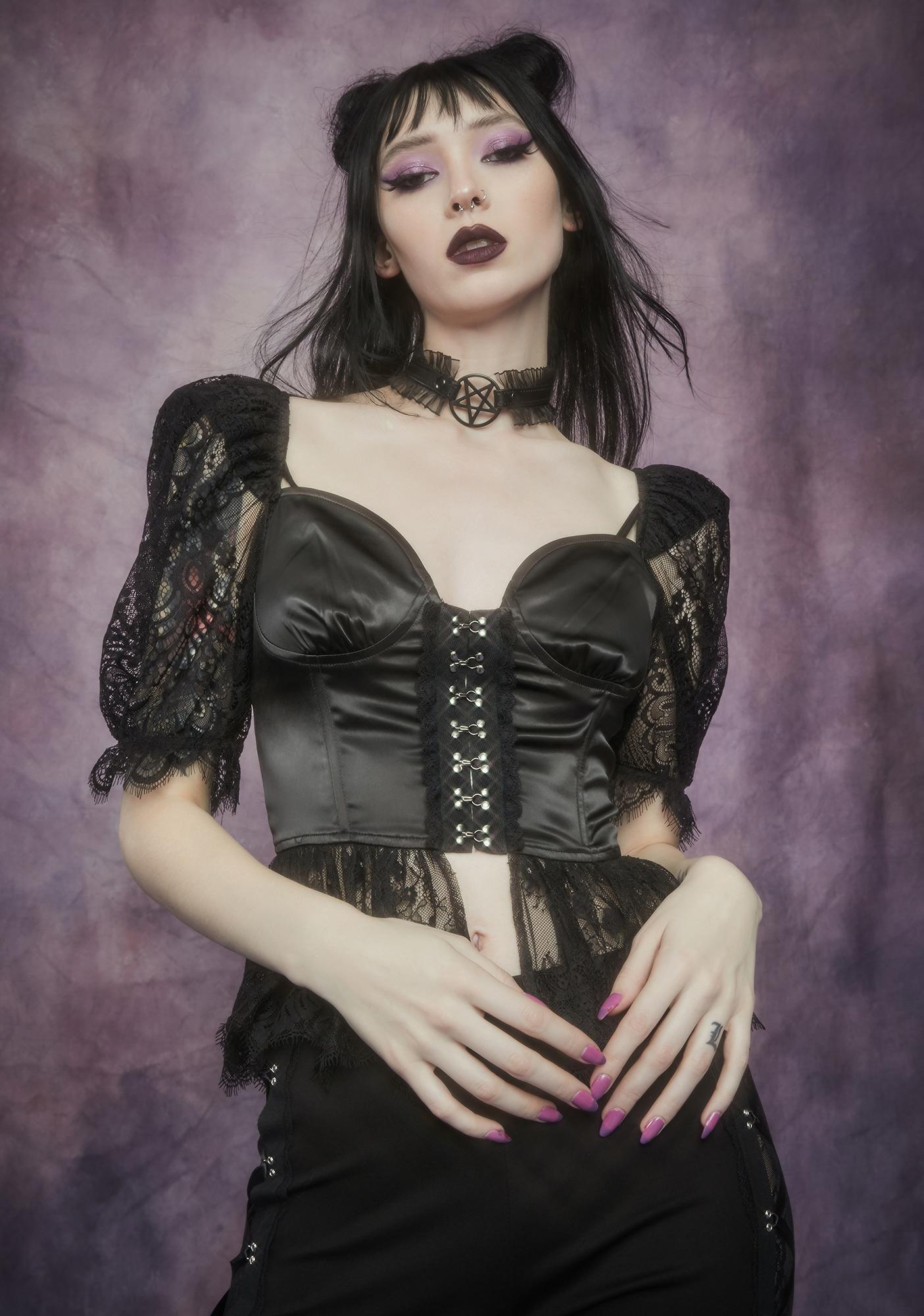Widow Satin & Lace Puff Sleeve Corset Crop Top - Black | Dolls Kill