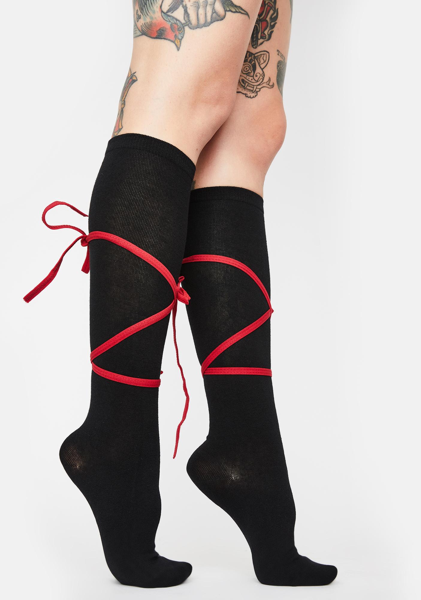 Lace Up Knee High Socks Black Red Dolls Kill