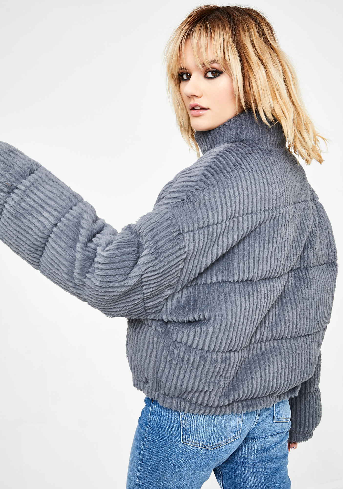 uo charcoal fluffy corduroy puffer jacket