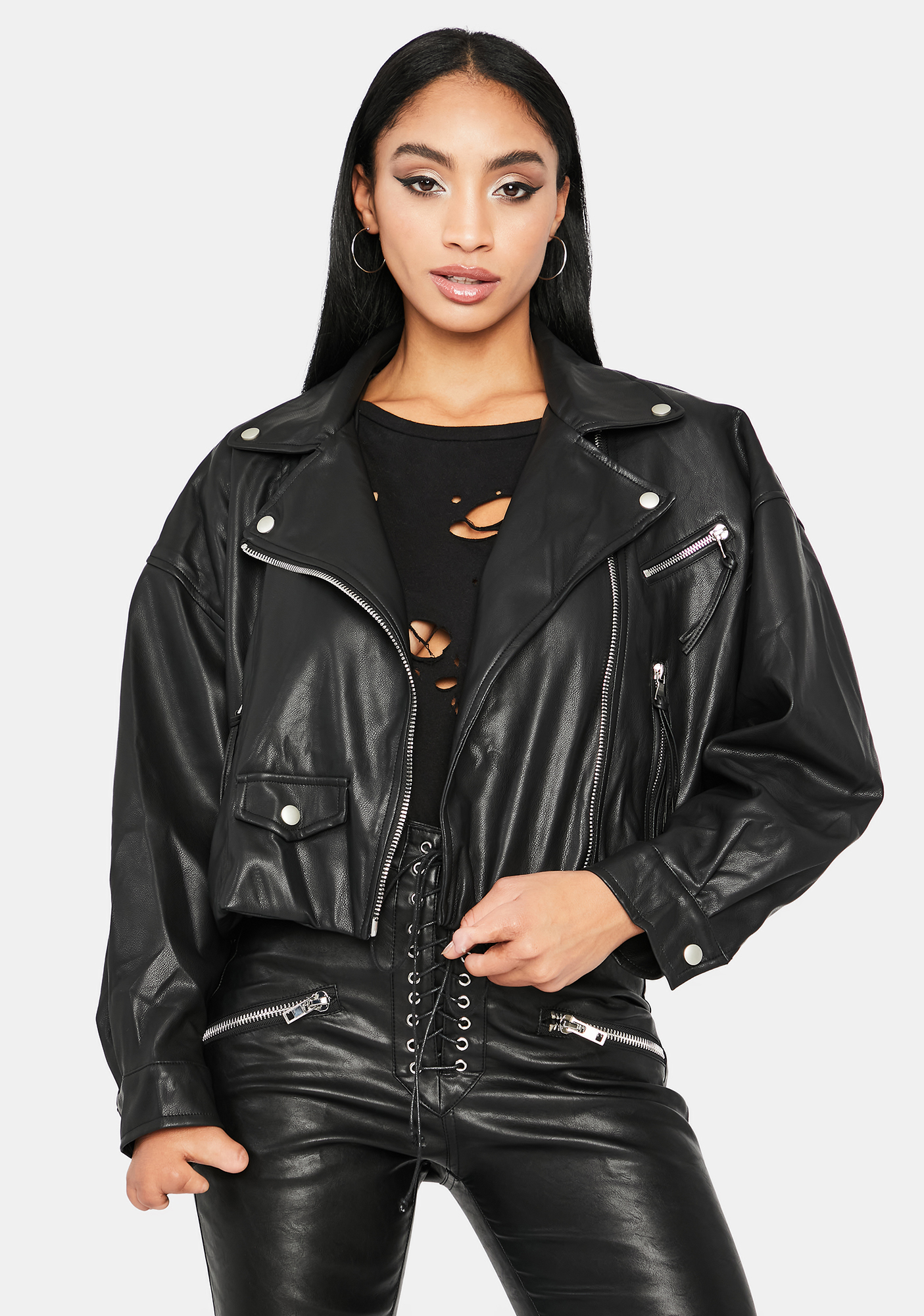 Cropped Boxy Moto Faux Leather Jacket - Black | Dolls Kill
