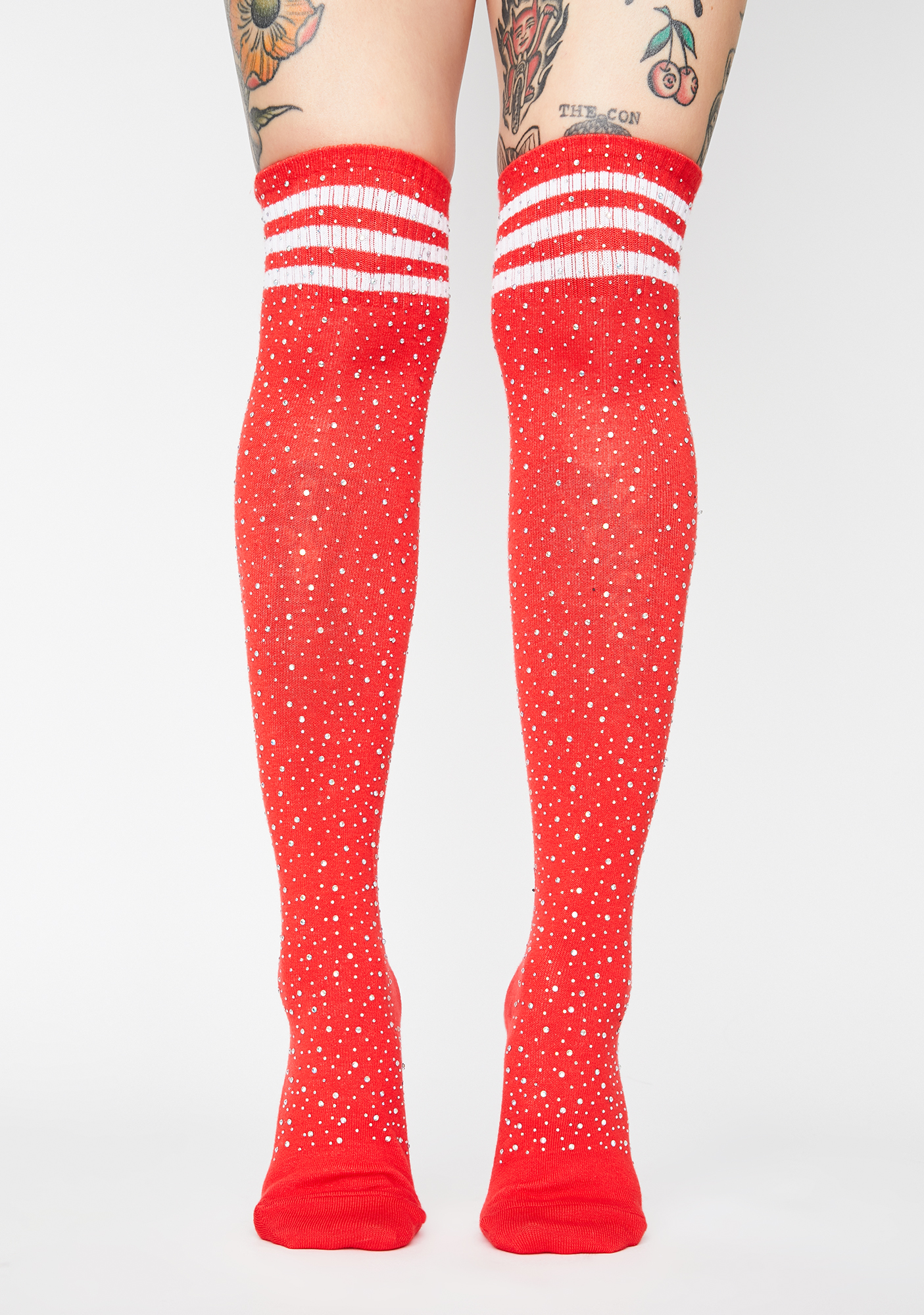 Thigh High Athletic Stripe Socks Rhinestone Red Dolls Kill 2733