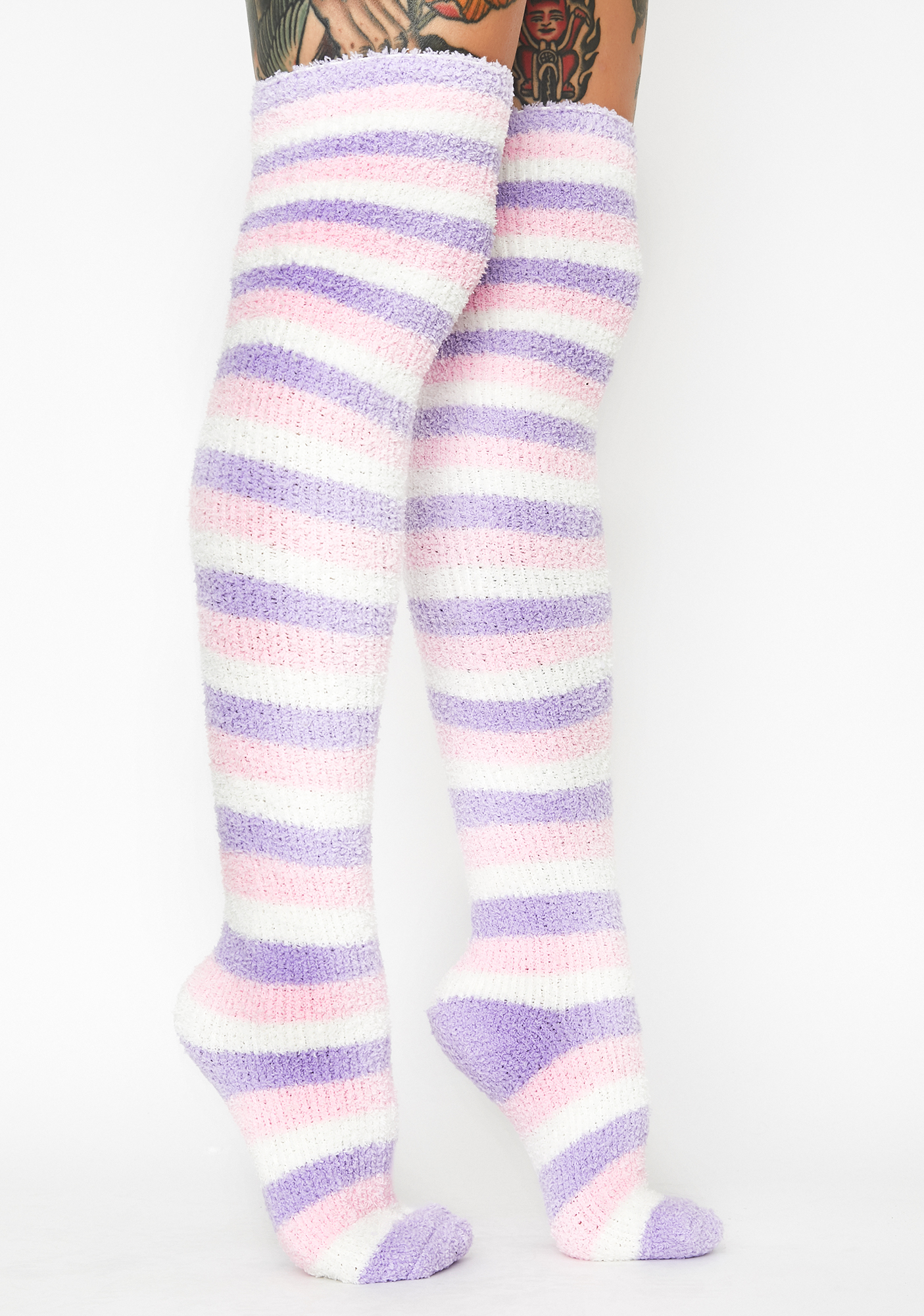 Holiday Striped Socks Pastel Knee High Fuzzy | Dolls Kill