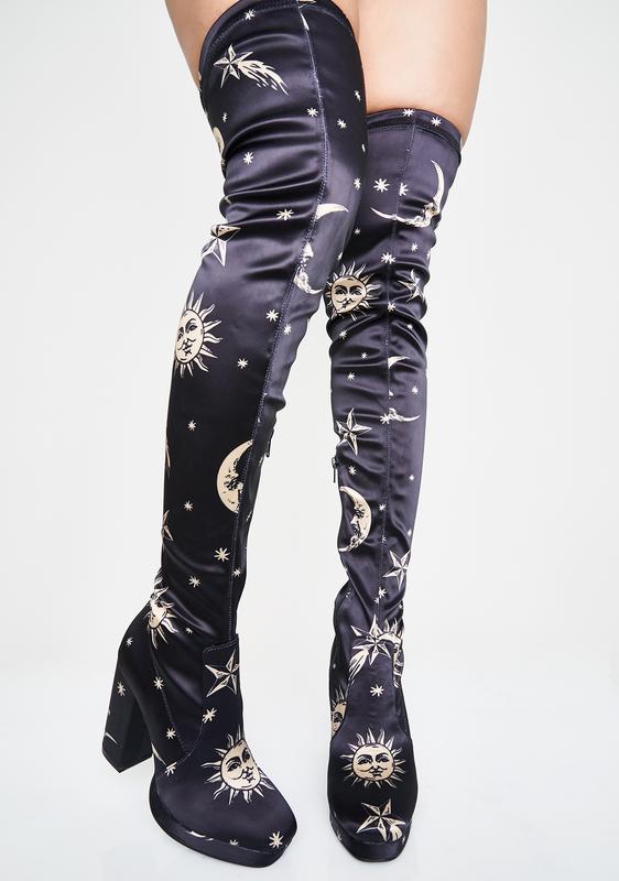 printed thigh high boots