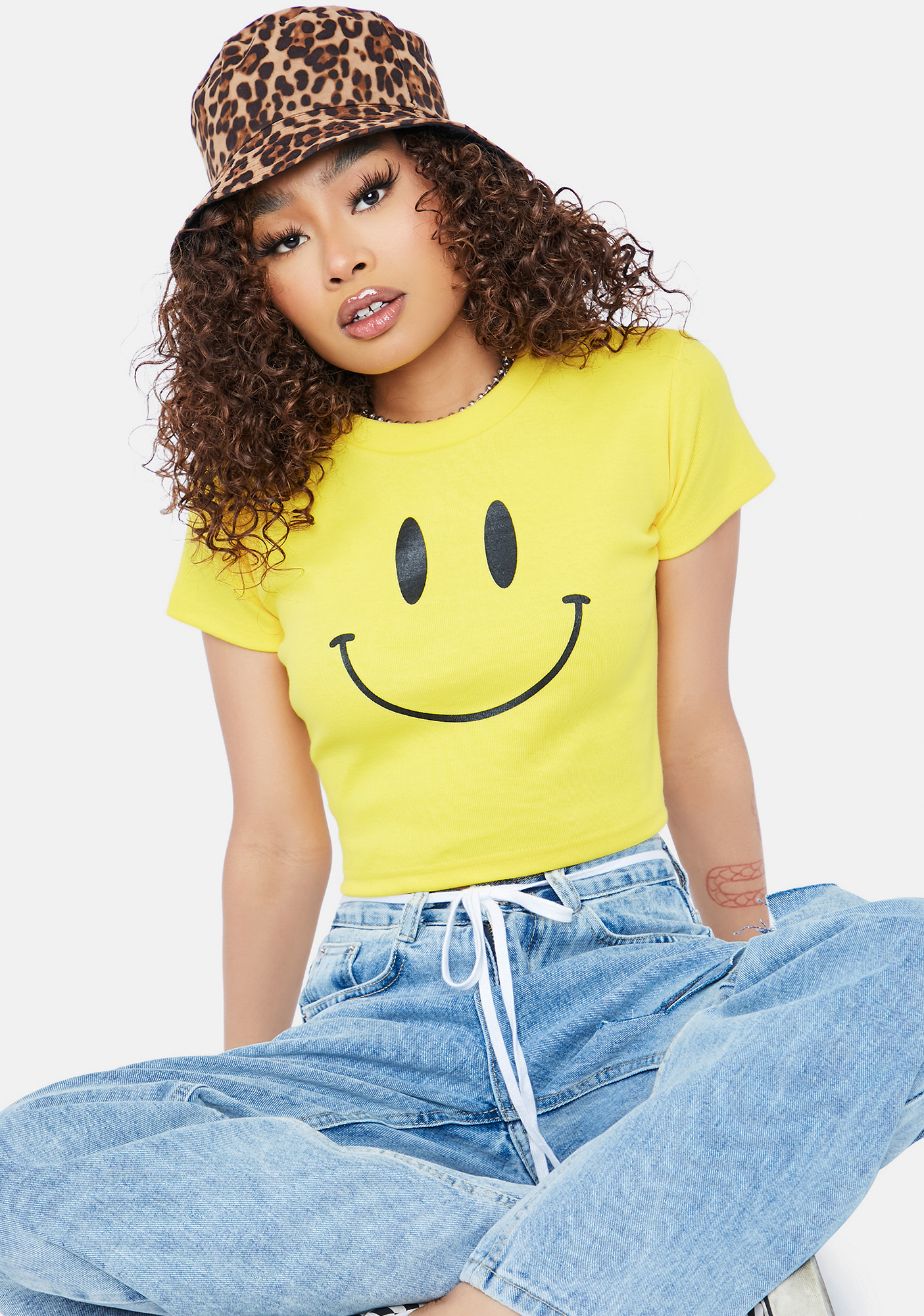 Smiley Face Cropped Tee Shirt - Yellow | Dolls Kill