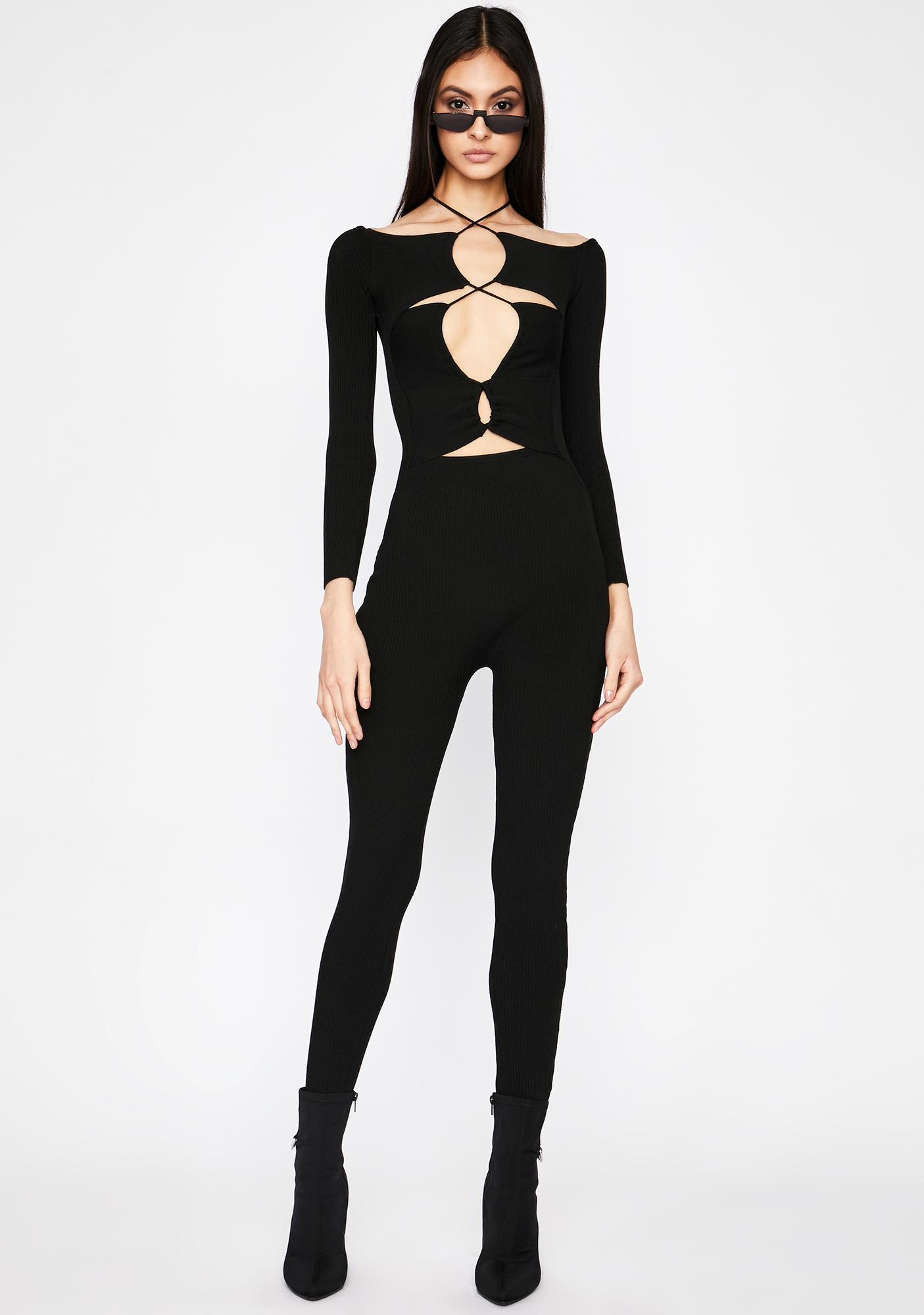 Long Sleeve Cut Out Lace Up Catsuit Black | Dolls Kill