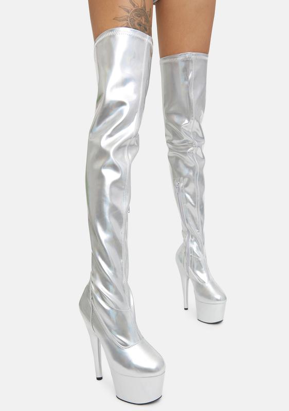 silver thigh high heels