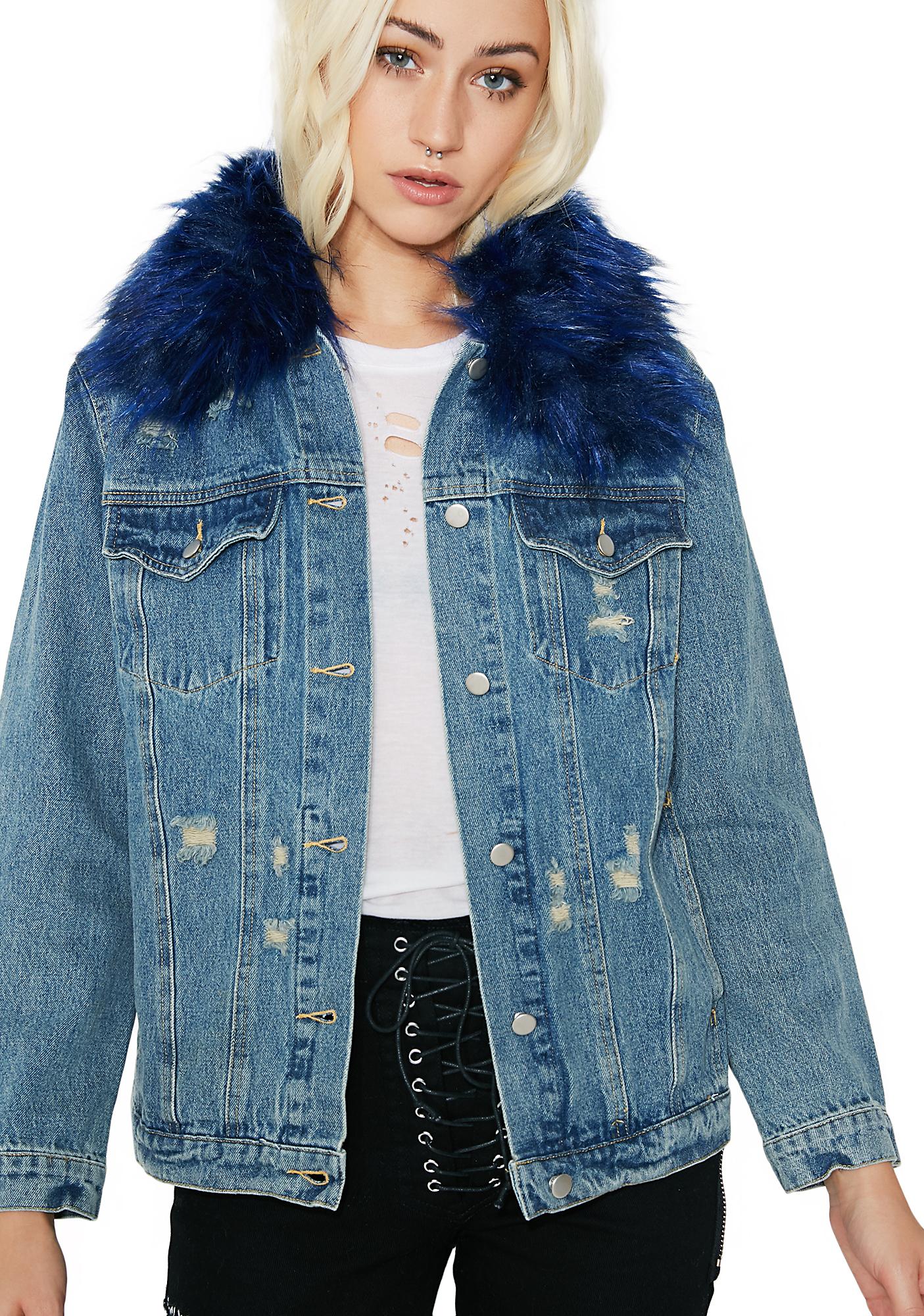 distressed denim jacket with fur