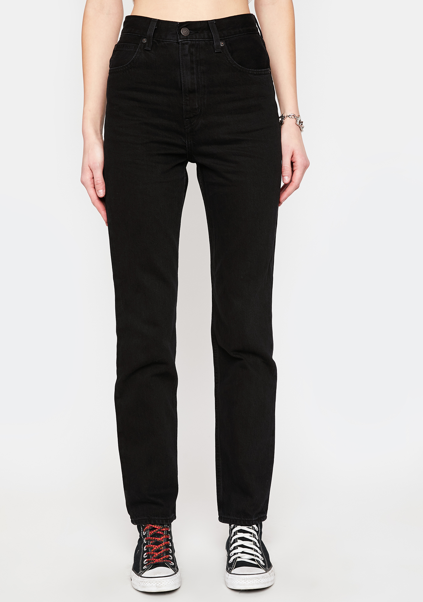 Levi's High Slim Straight Black Denim Jeans - Trainwreck | Dolls Kill