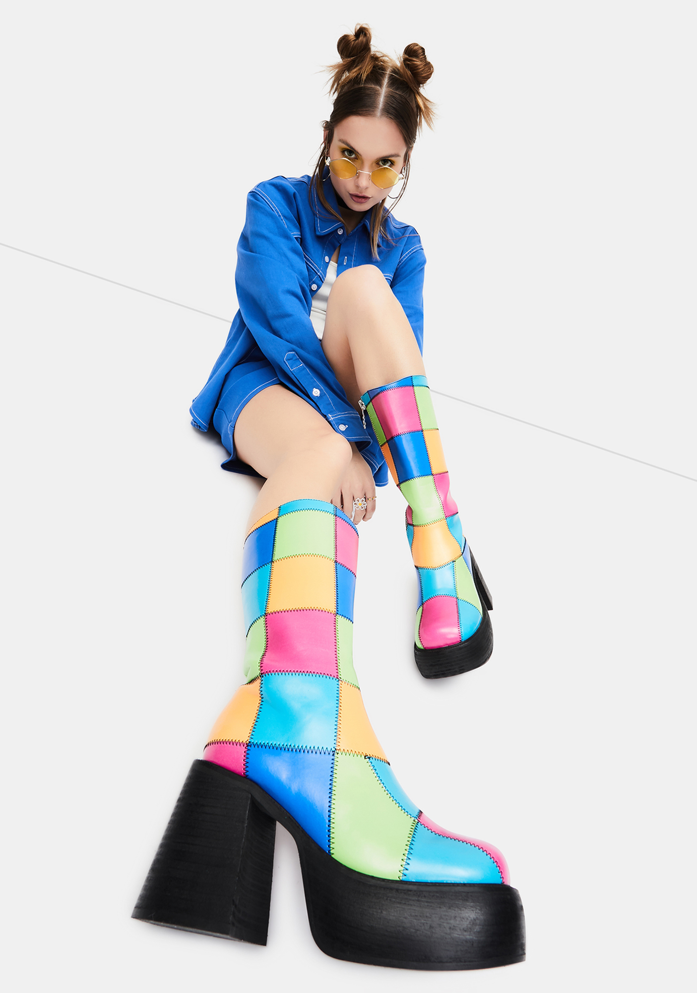patchwork knee high boots