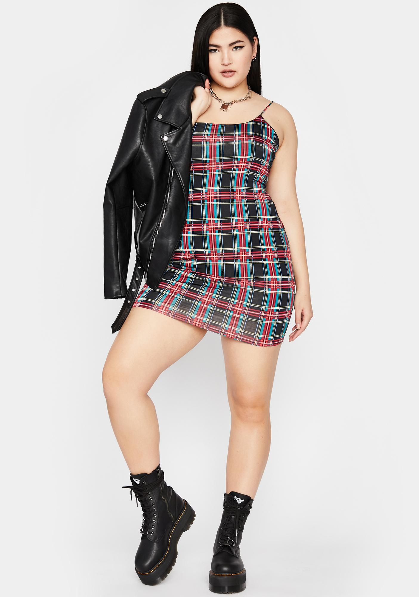 Plus Size Plaid Cami Mini Dress Slip Bodycon Black Red | Dolls Kill