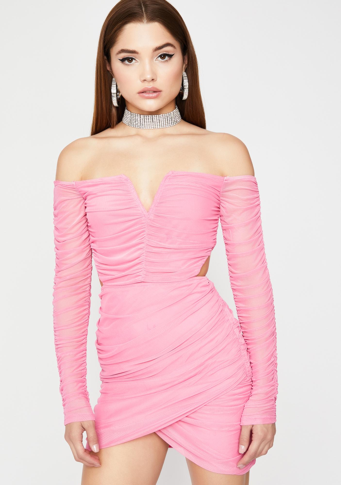 pink ruched dress with sleeves