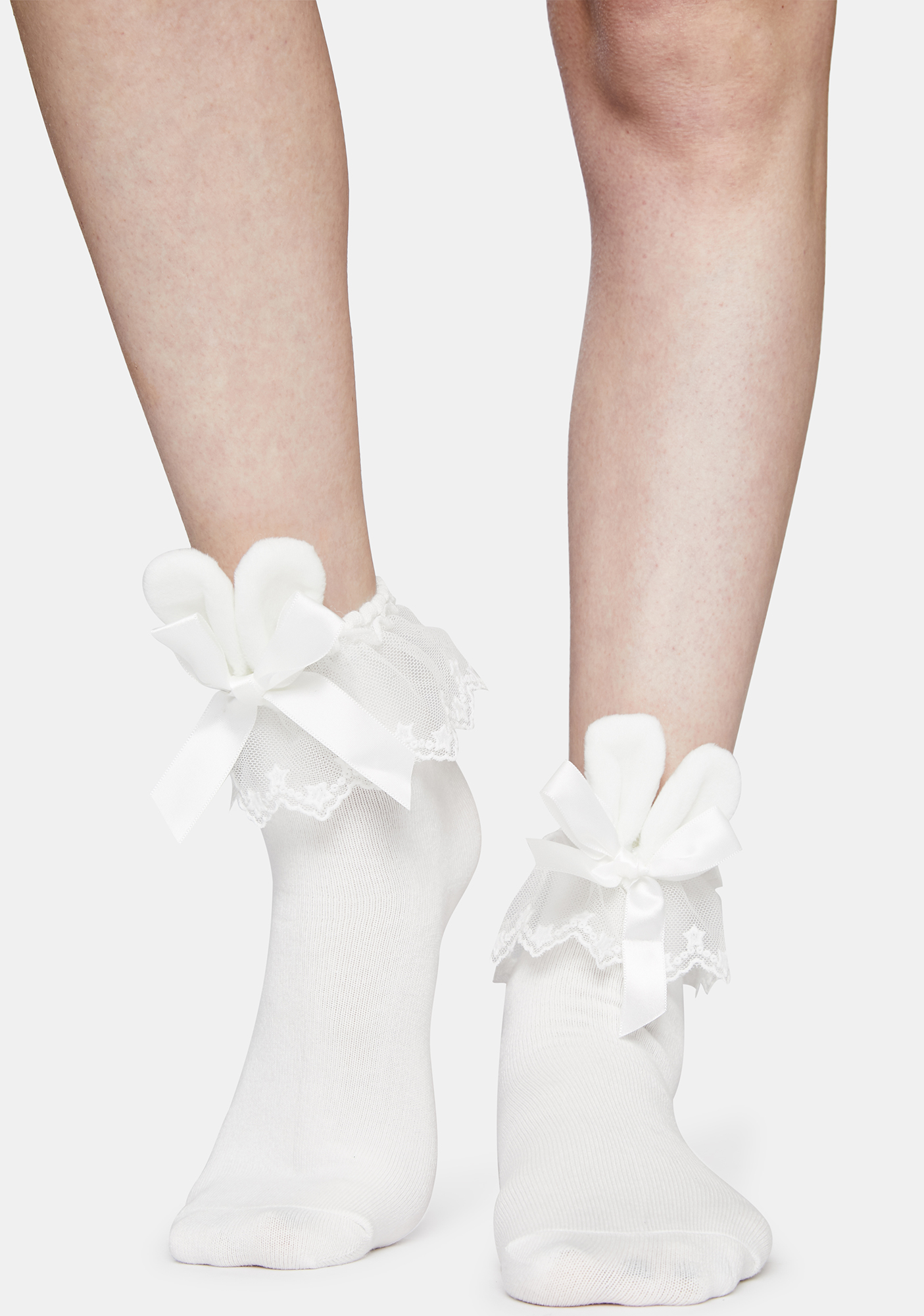 Lace Ruffle Ankle Socks With Bunny Ear Bows White Dolls Kill