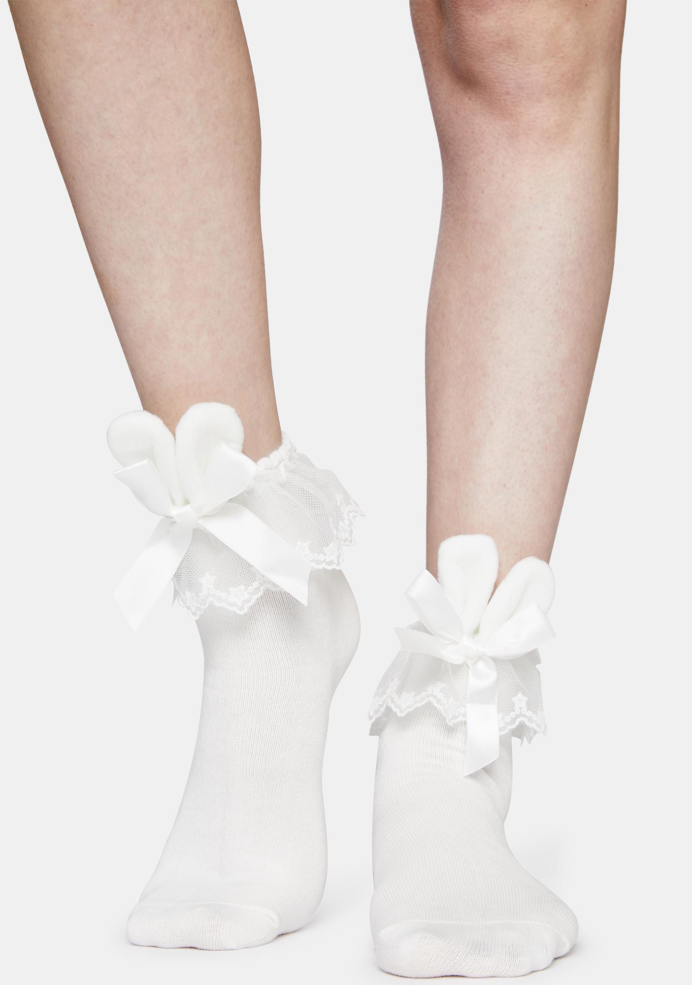 Lace Ruffle Ankle Socks With Bunny Ear Bows White Dolls Kill