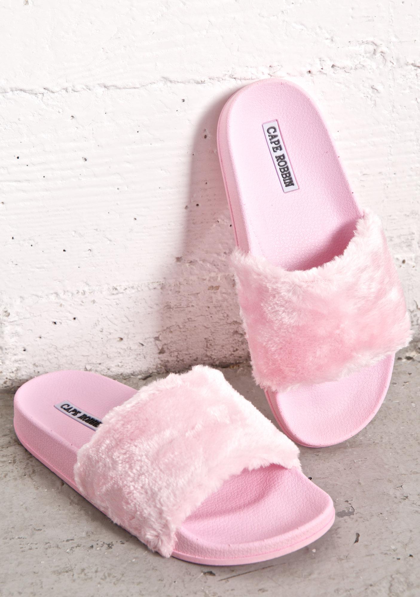 pink fuzzy slides