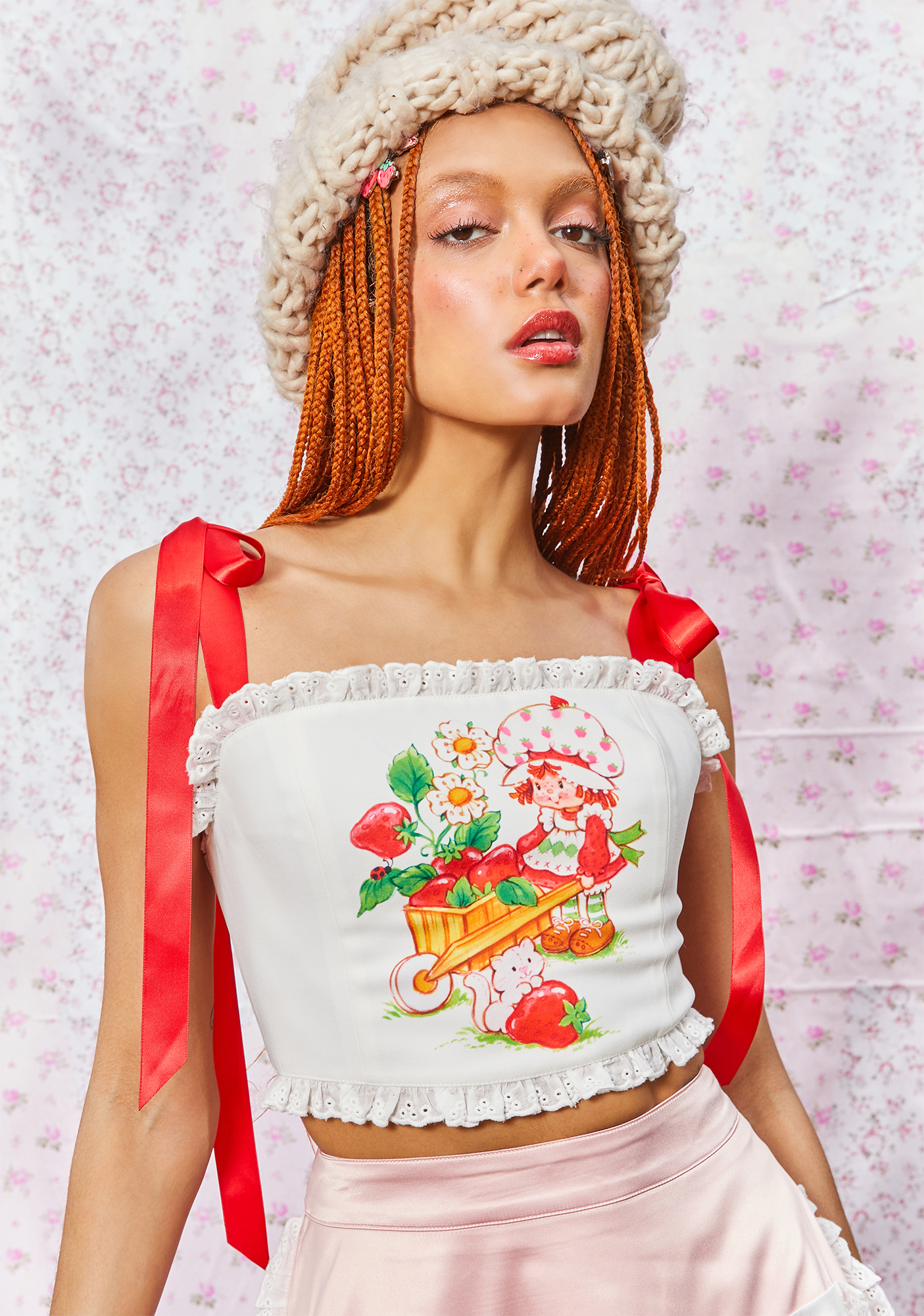 Dolls Kill X Strawberry Shortcake Twill Graphic Corset Top With Eyelet