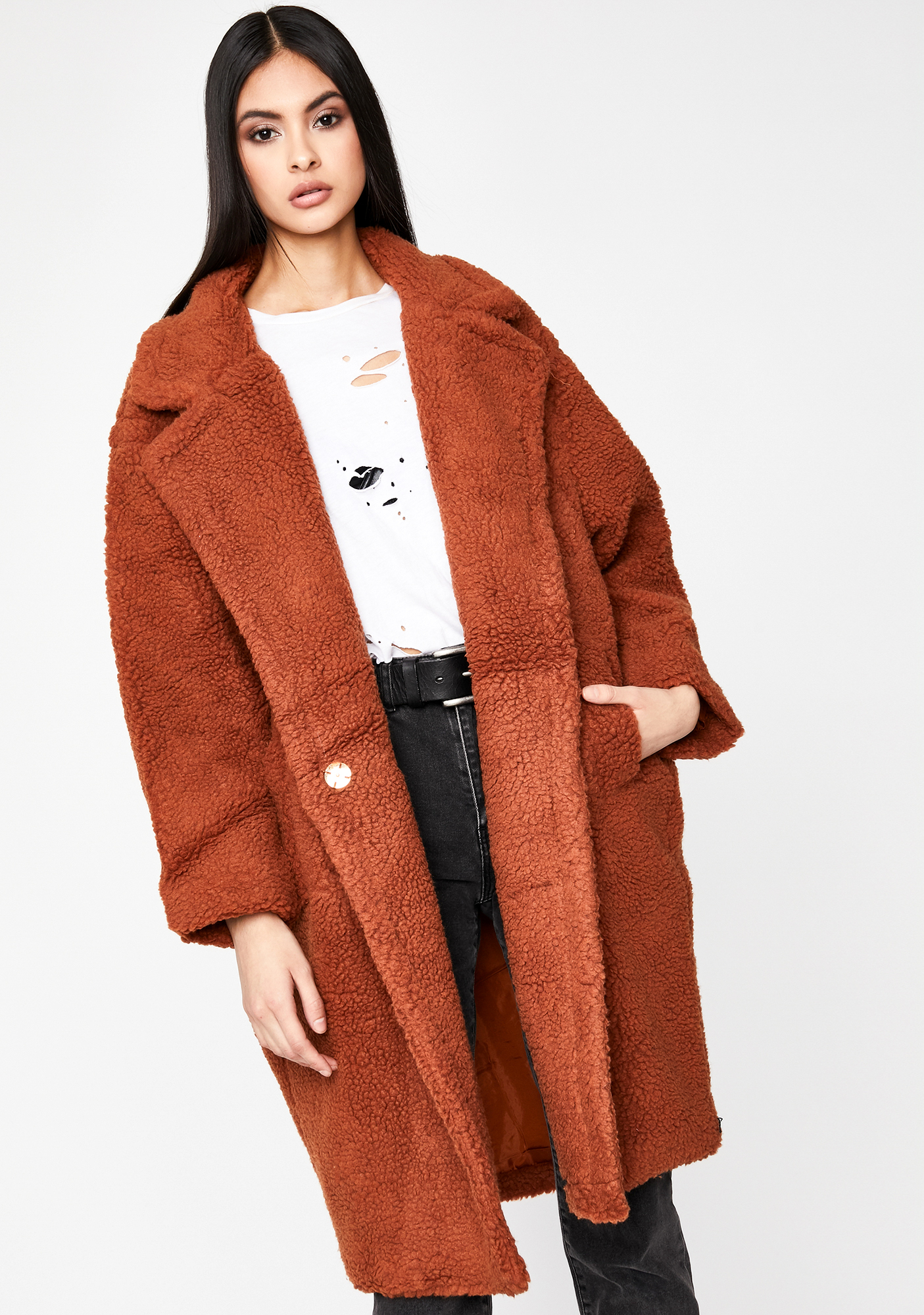 Oversized Teddy Trench Coat - Rust Brown | Dolls Kill