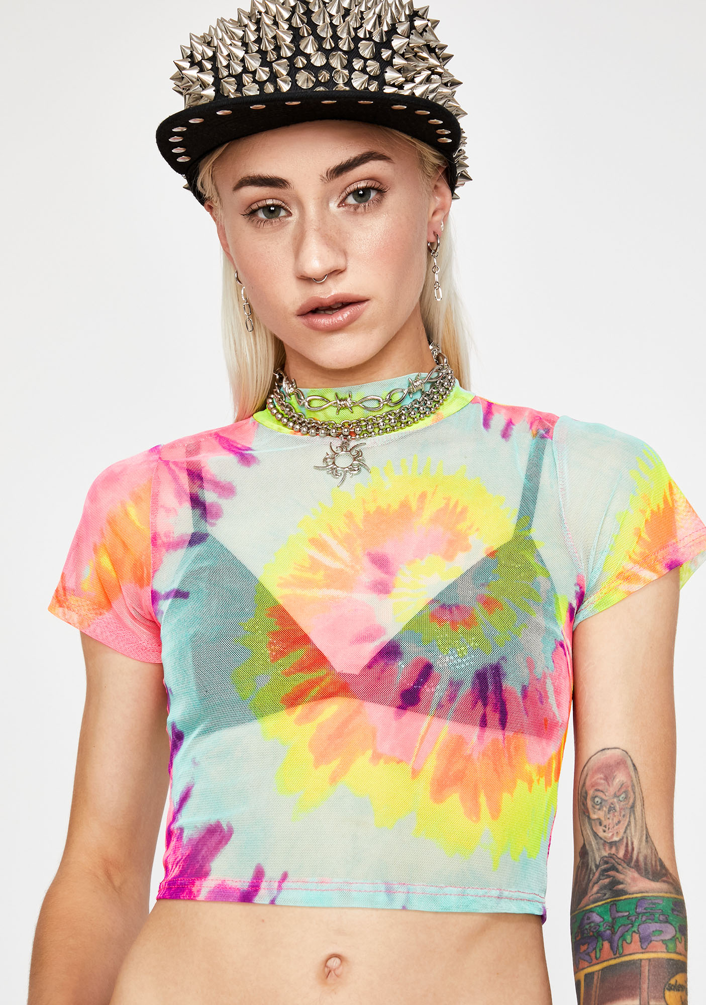 Tie Dye Mock Neck Sheer Crop Top | Dolls Kill