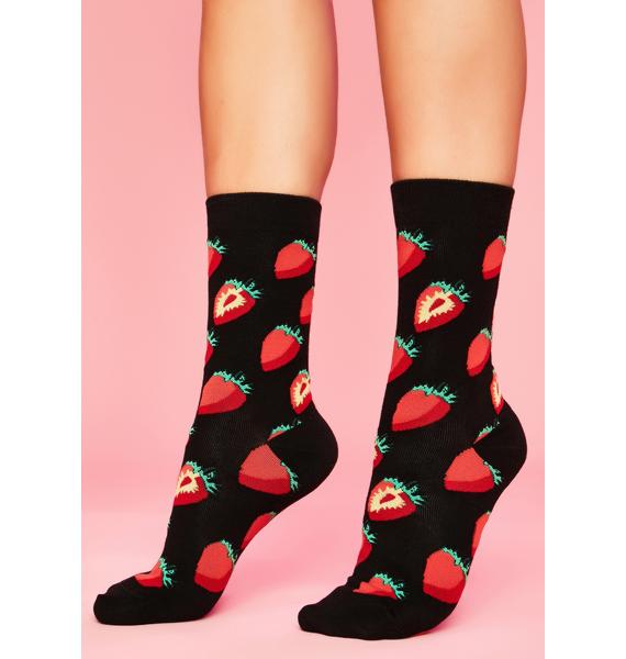 Sugar Thrillz Strawberry Print Crew Socks - Black Red | Dolls Kill