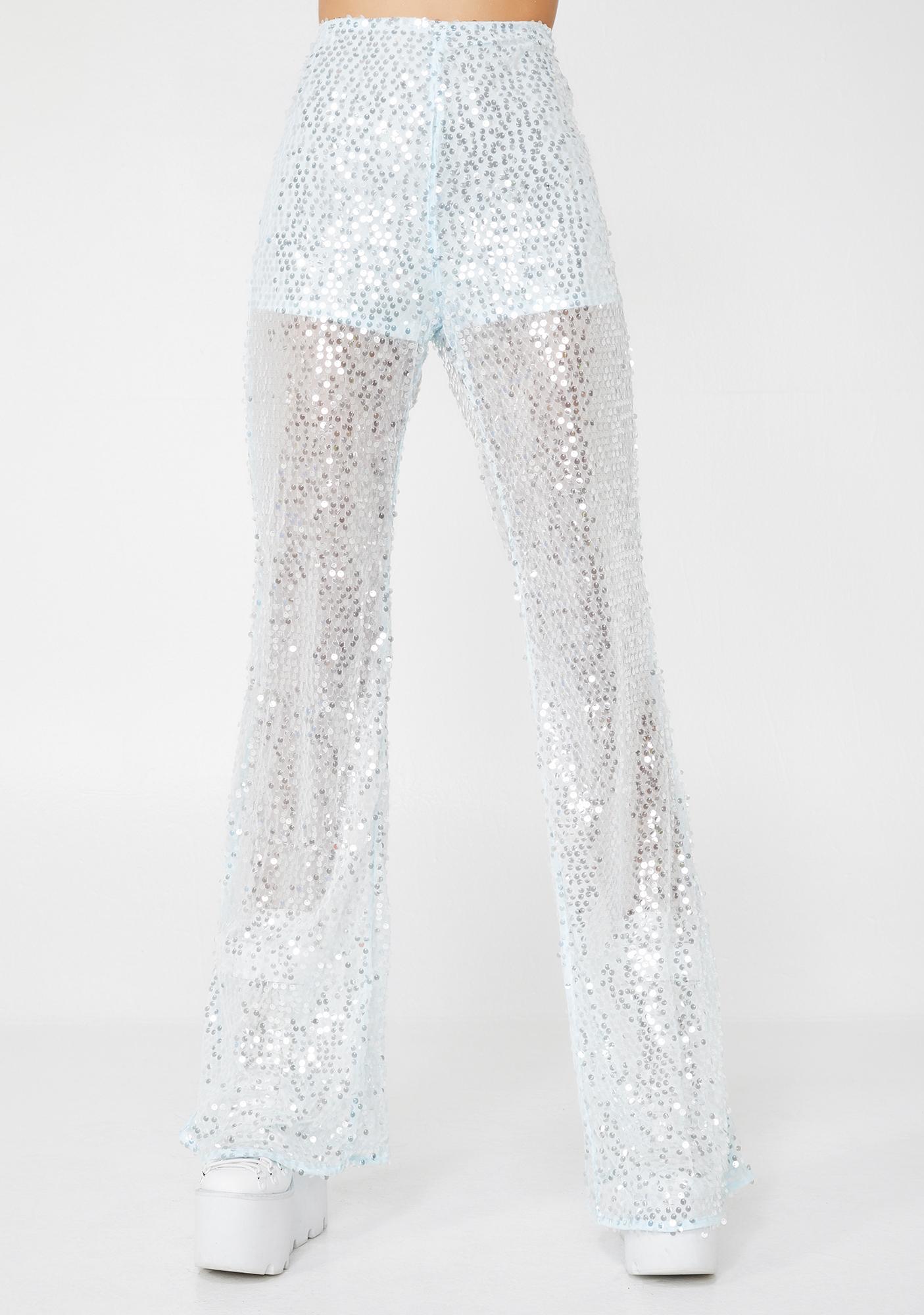 white sequin flare pants