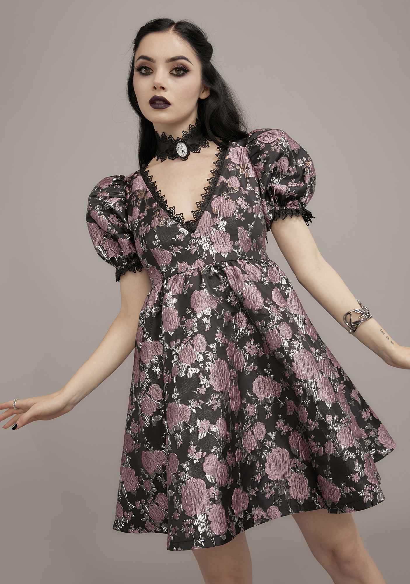 Widow Floral Brocade Puff Sleeve Babydoll Dress - Mauve | Dolls Kill