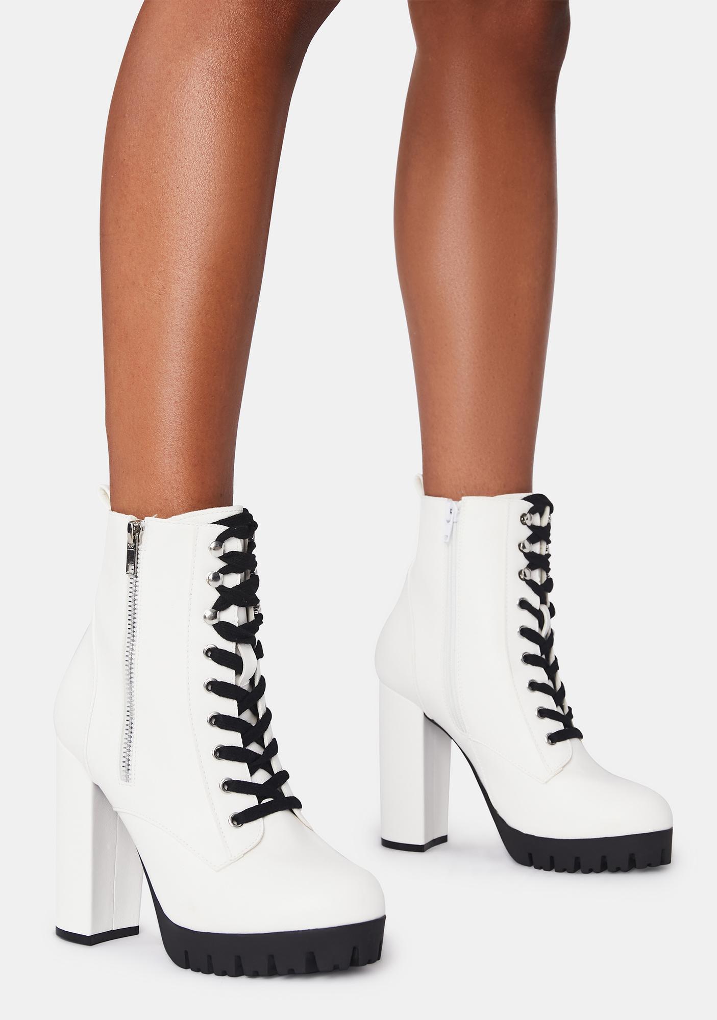 Platform Ankle Lace Up Block Heel Boots - White | Dolls Kill