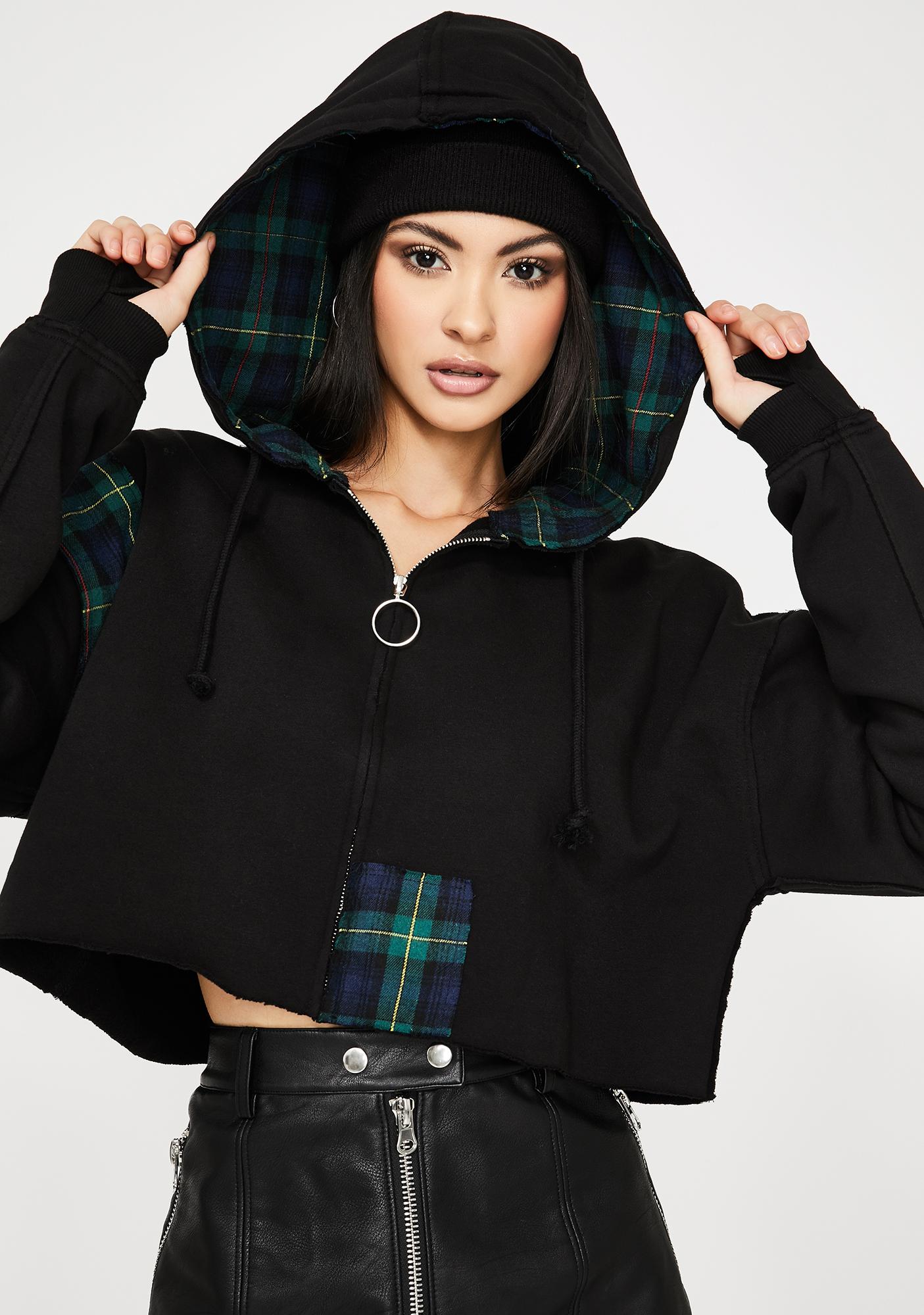 Current Mood Cropped Black Plaid Patch Hoodie | Dolls Kill