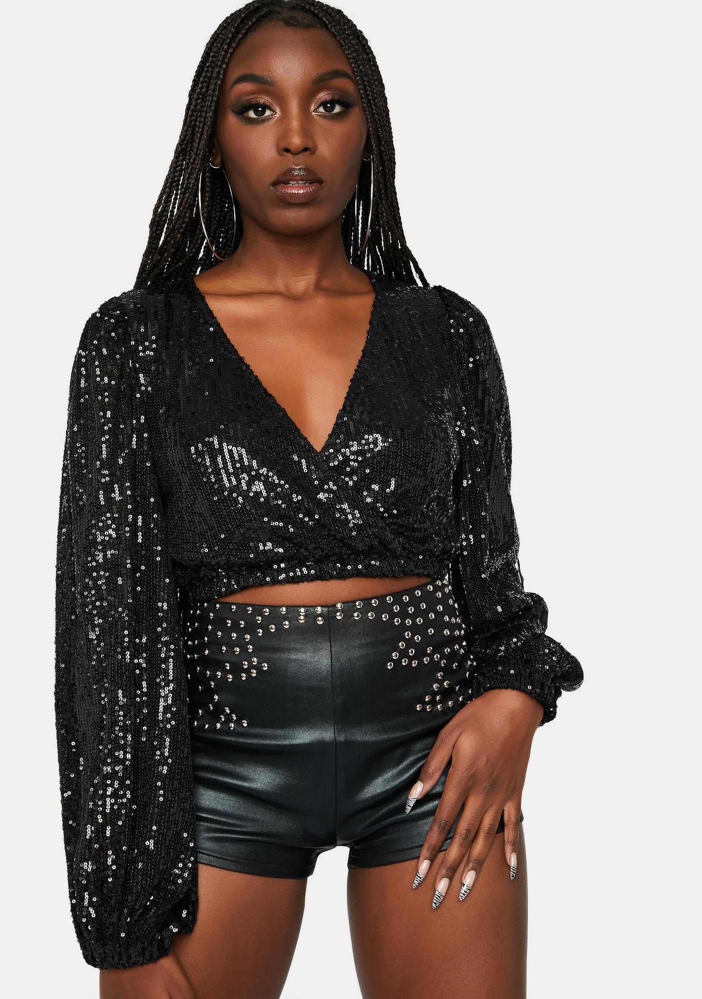 black sequin crop top long sleeve