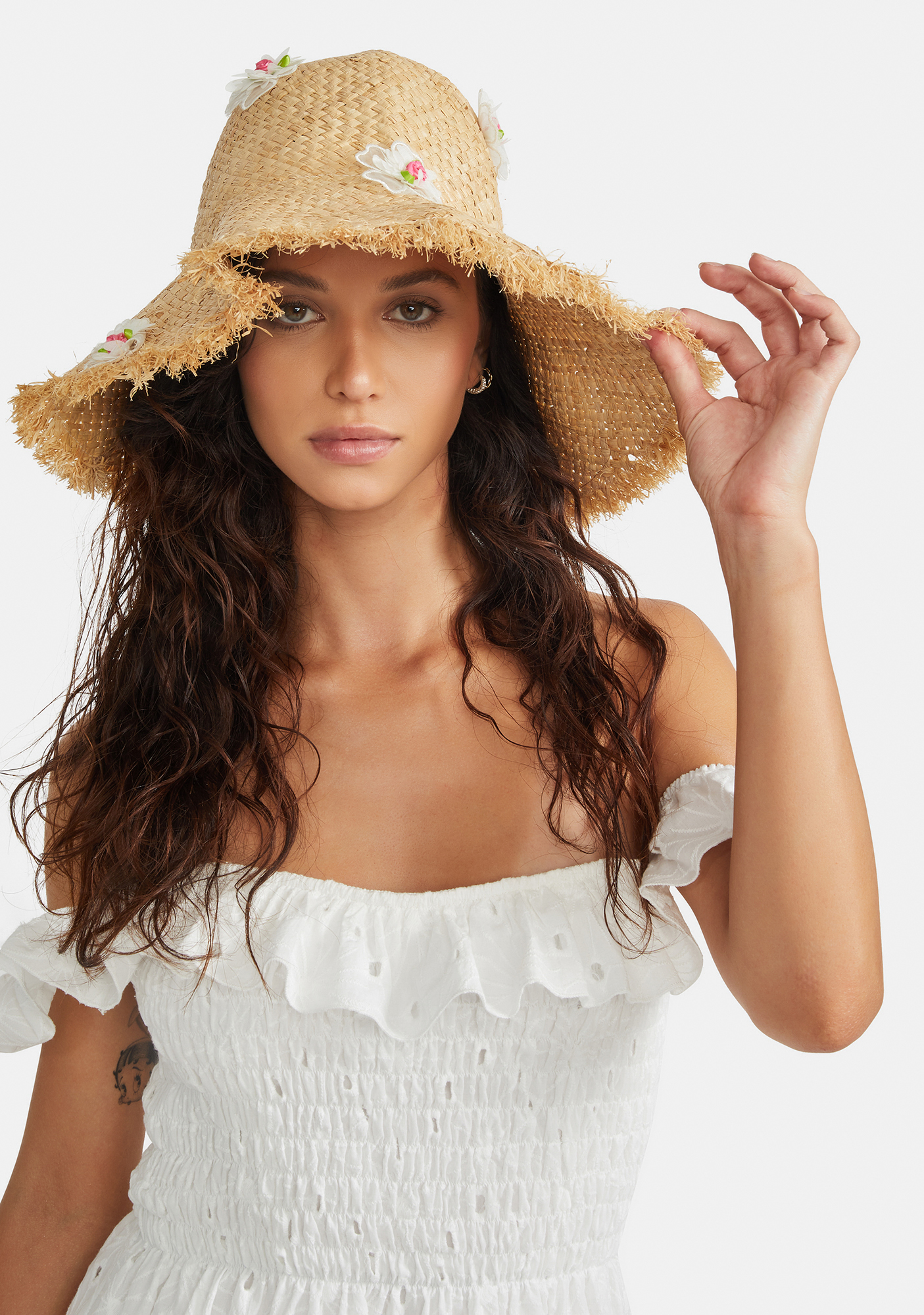 Wide Brim Straw Hat With Flower Embellishments - Tan | Dolls Kill