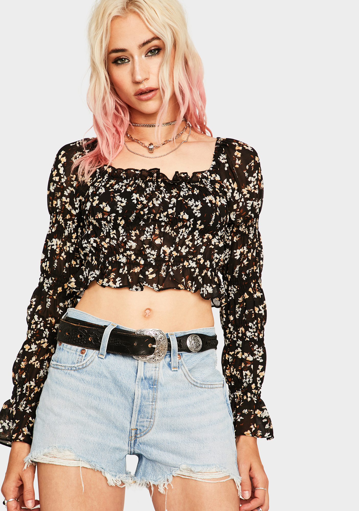 Floral Shirred Cropped Blouse - Black | Dolls Kill