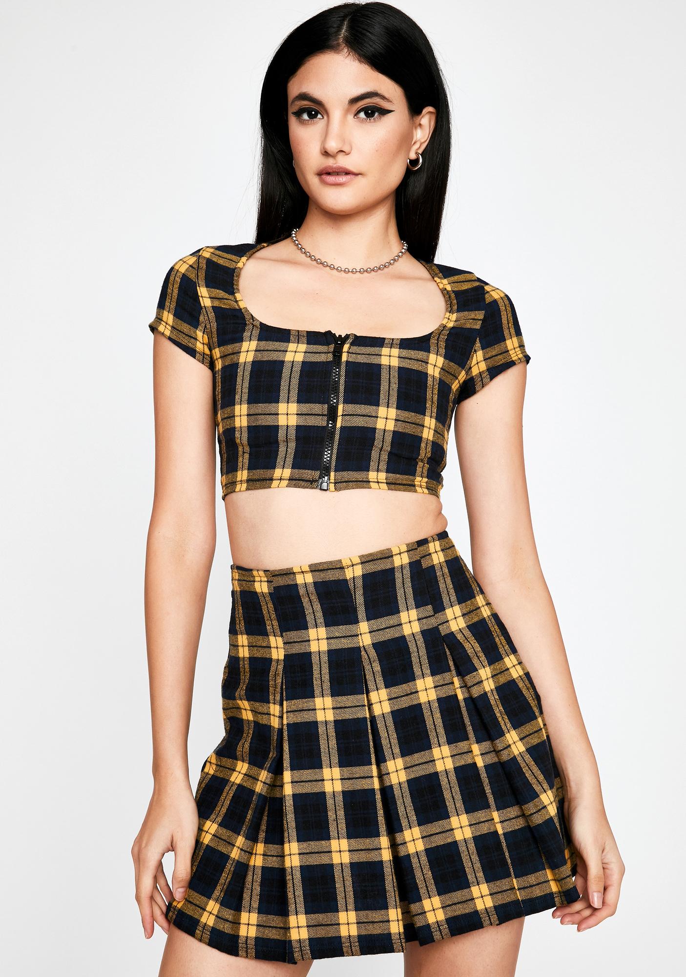 Plaid Skirt Set Crop Top Pleated Flared Mustard Yellow | Dolls Kill