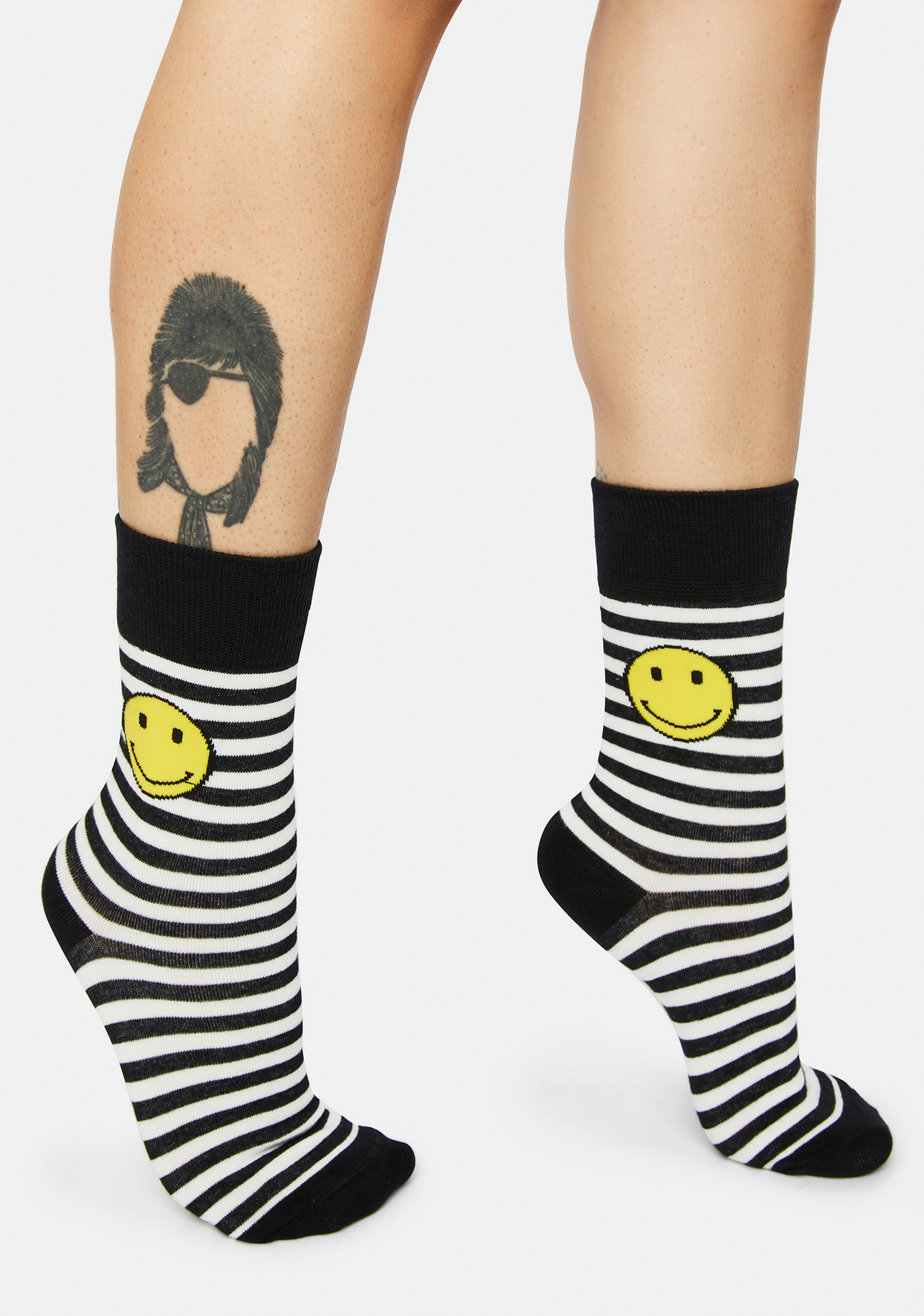 Striped Smiley Face Crew Socks Black/White Dolls Kill