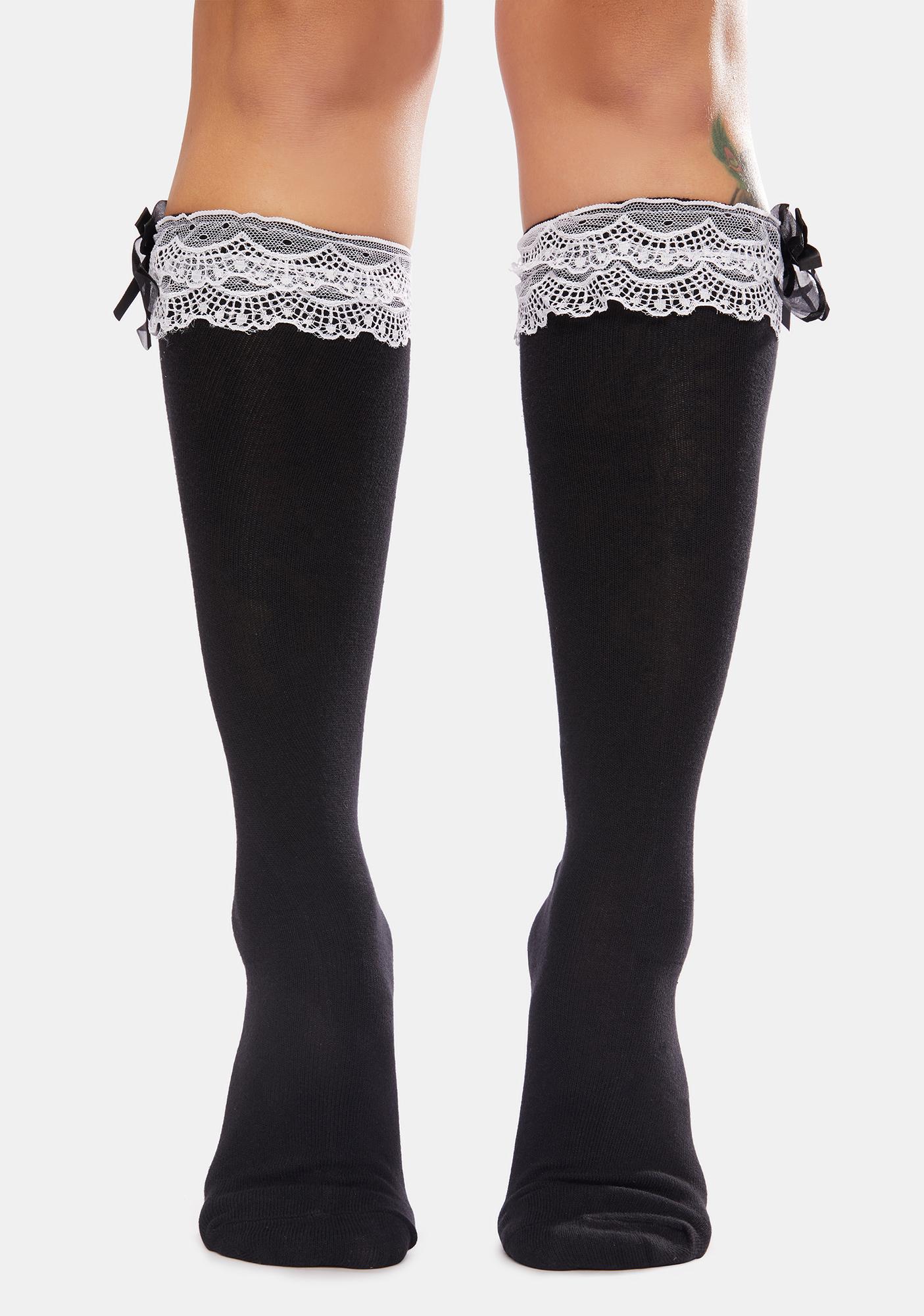 Knee High White Socks With Lace Trim Black Dolls Kill 6419