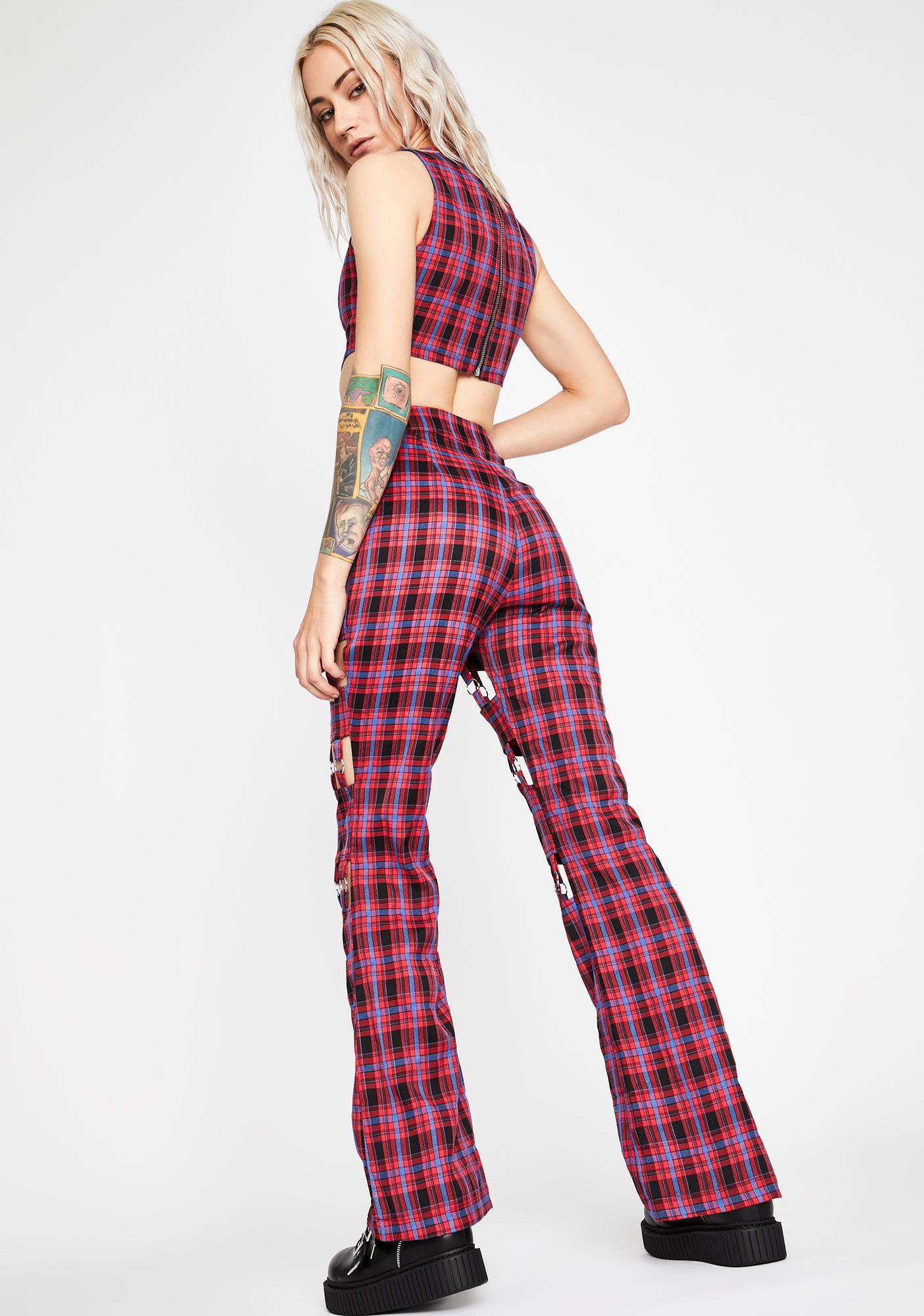 Plaid Pants O-Ring Cut Out Flare Red | Dolls Kill