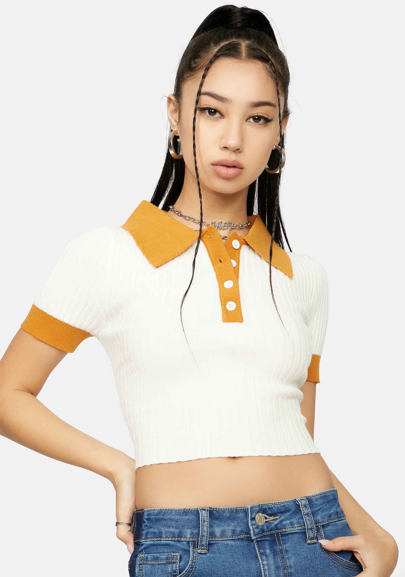 Collared Ribbed Button Up Crop Top -White | Dolls Kill