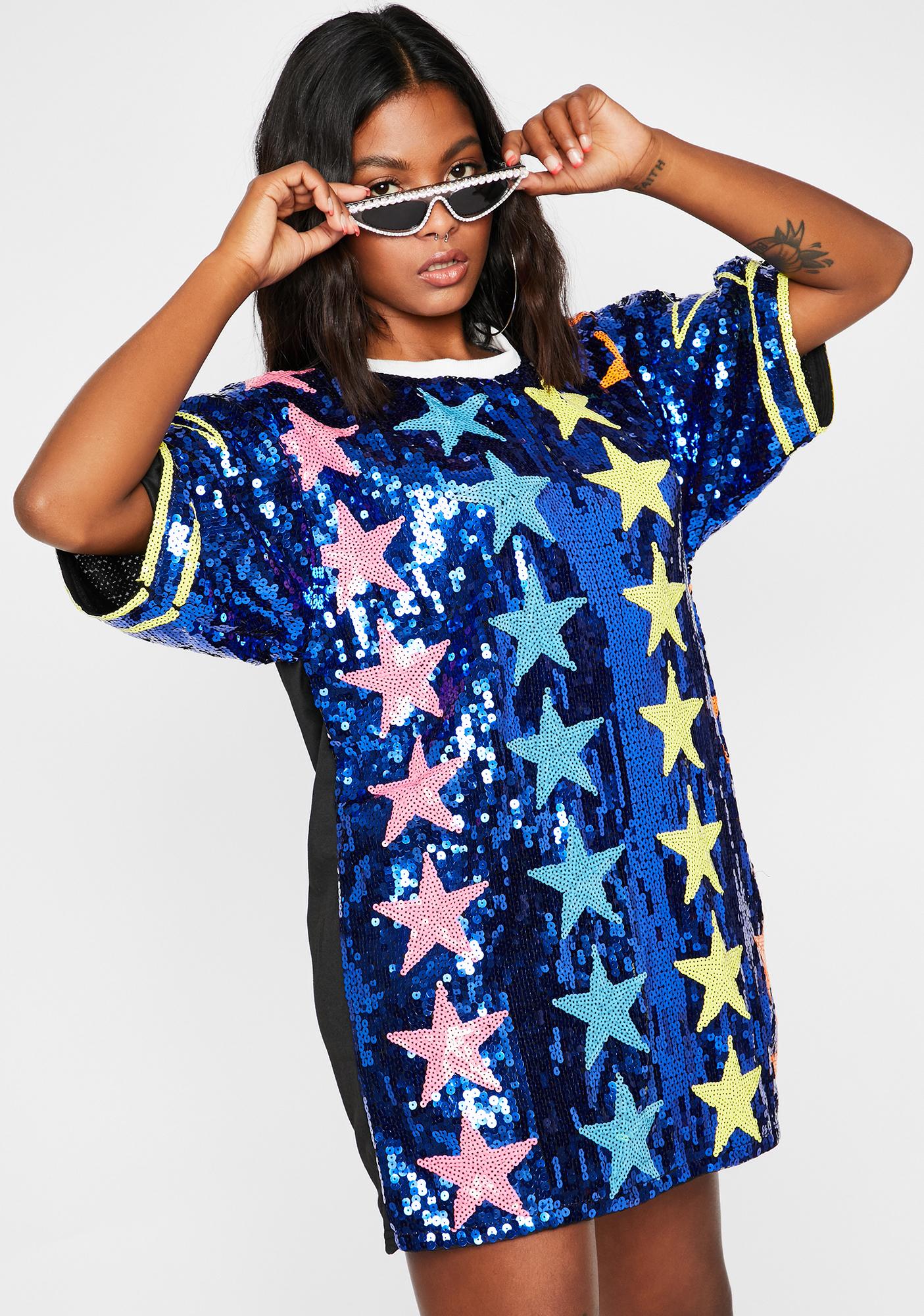 Blue Sequin Neon Graphic T-Shirt Dress | Dolls Kill