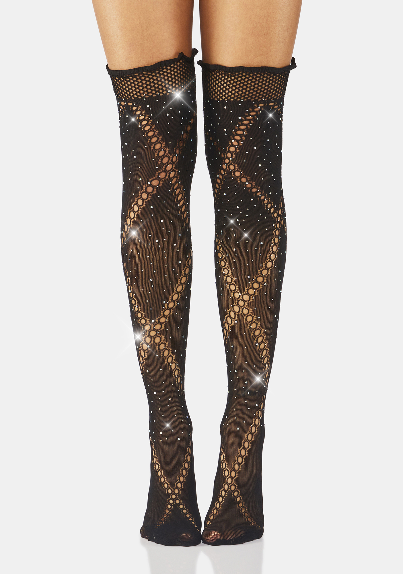 Sheer Thigh Highs With Diamond Fishnet Cutouts And Rhinestones Black Dolls Kill