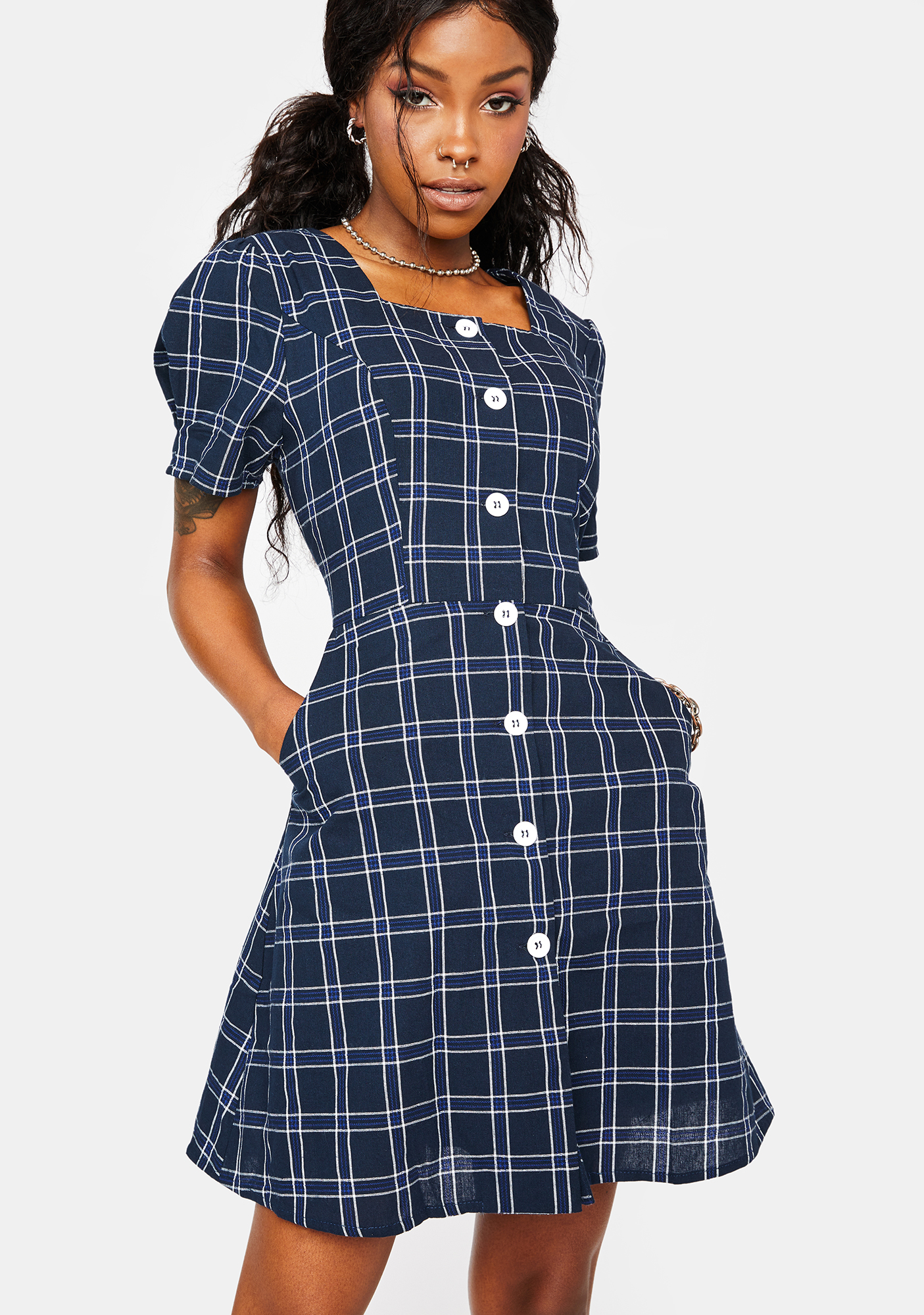 puff sleeve button down dress