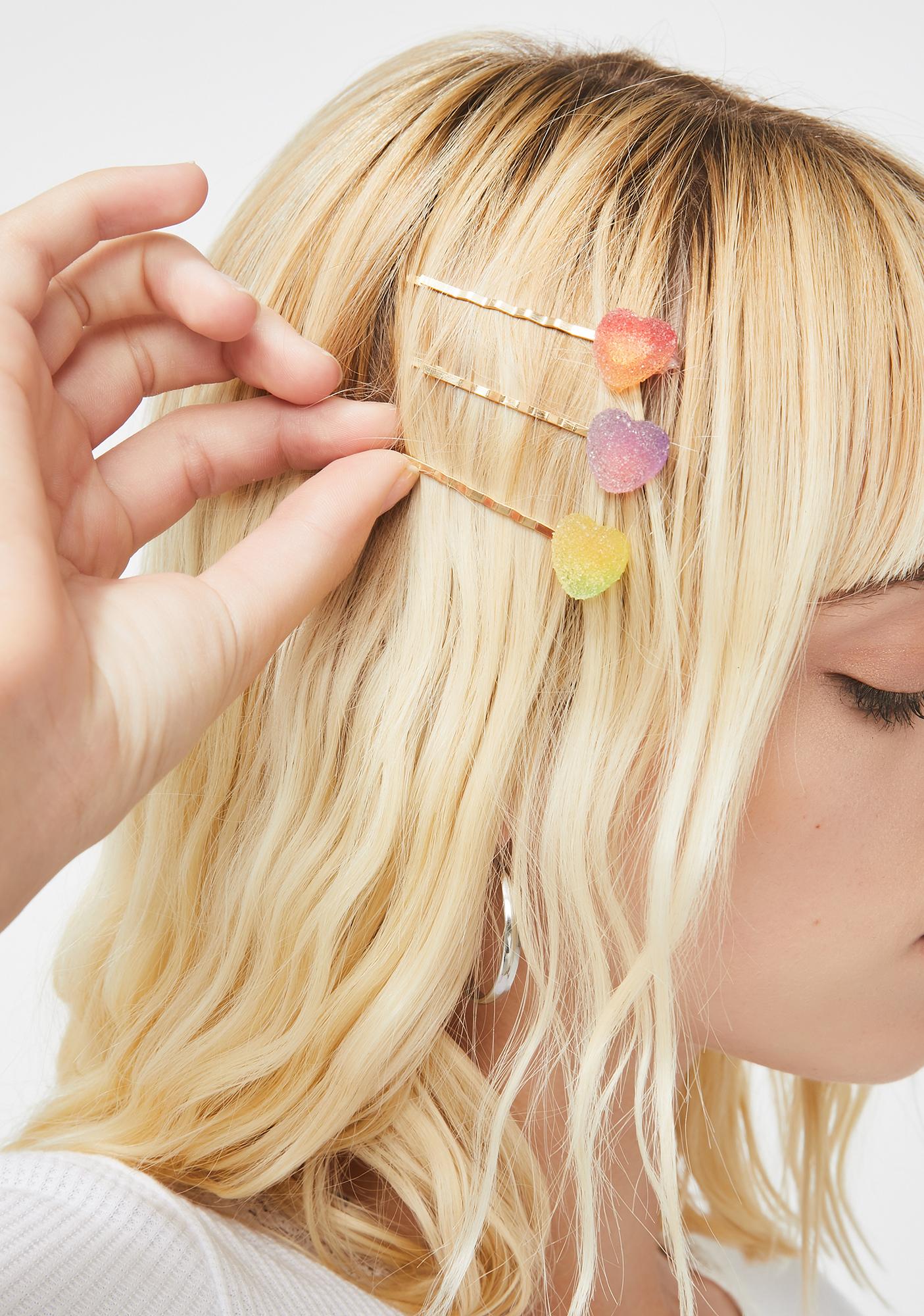 Multicolor Rainbow Gummy Candy Heart Hair Clip Bobby Pins Dolls Kill