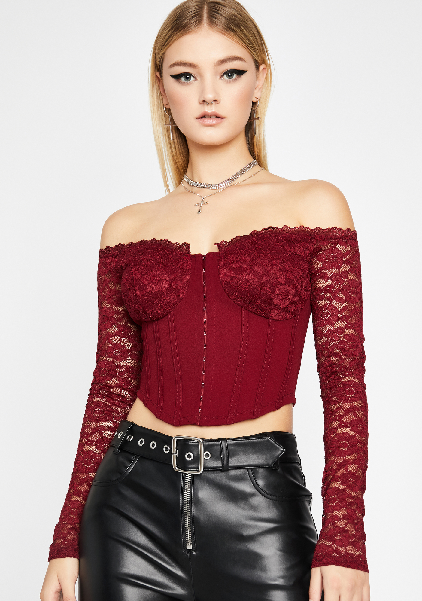 Off Shoulder Long Sleeve Lace Crop Top Dolls Kill 5836