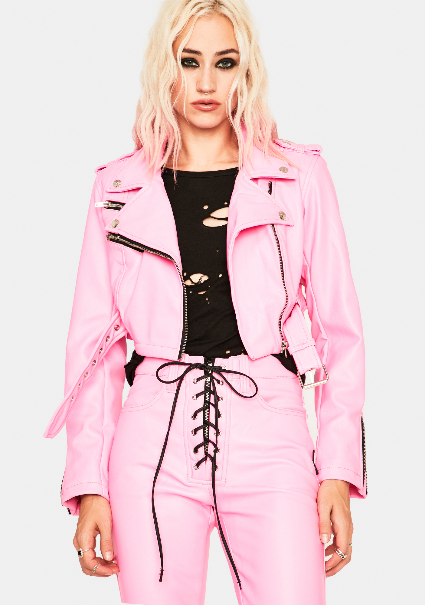 Tripp NYC Pink Cropped Moto Jacket | Dolls Kill